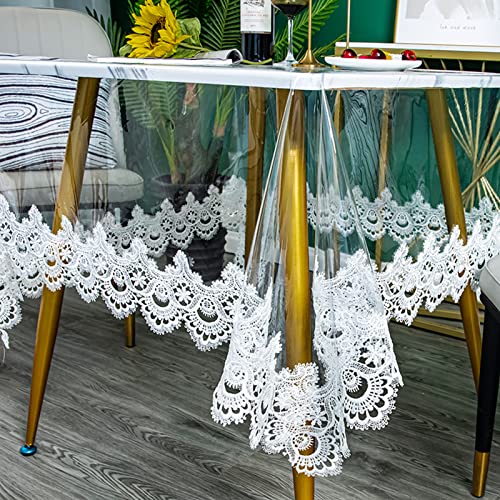 Jeloris Plastic Clear Rectangle Tablecloth Vinyl PVC Waterproof Tablecloth Embroidered Lace Edge Transparent Table Cover for Kitchen Dining Coffee Table (43x62 inch, White)