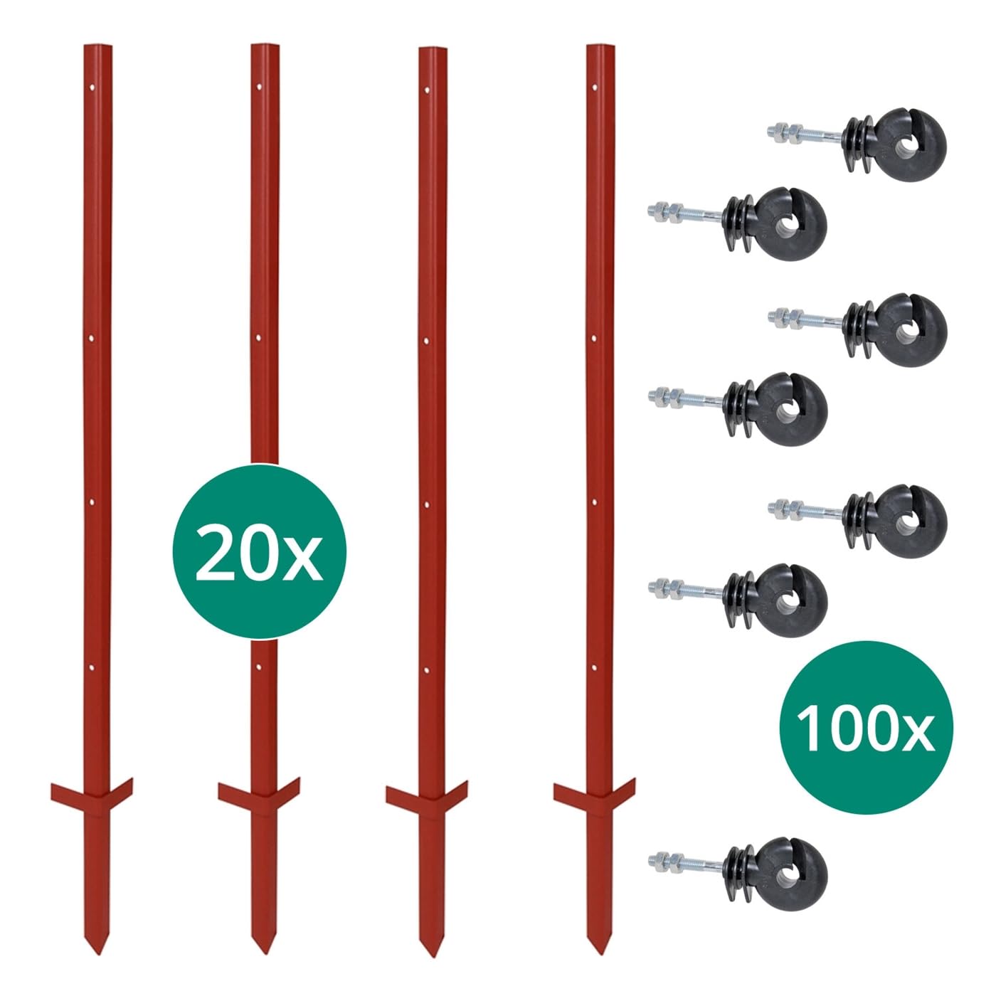 VOSS.farming Set 20x Winkelstahlpfahl 115cm 3mm + 100x Ringisolatoren mit M6 Gewinde