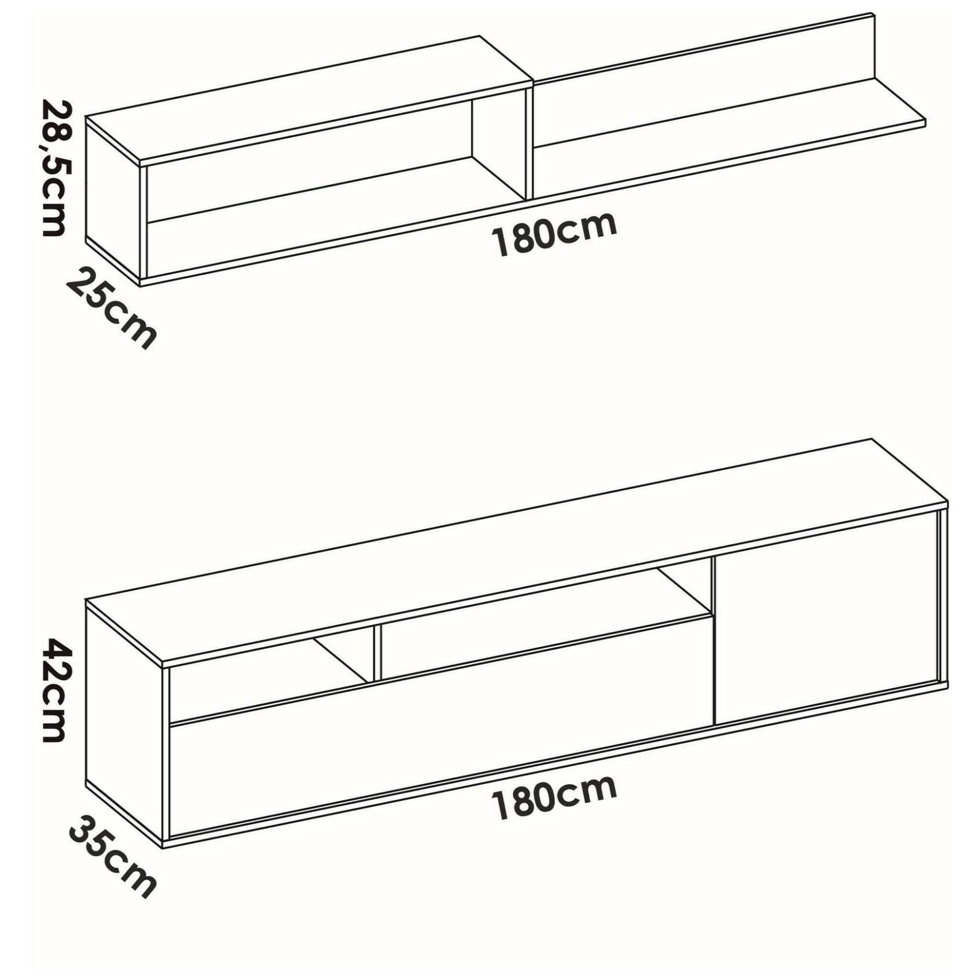 Dmora - Parete attrezzata Gabberi, Composizione soggiorno, Mobile salotto multiuso, Armadio porta TV, 180x35 h44 cm, Bianco e Rovere