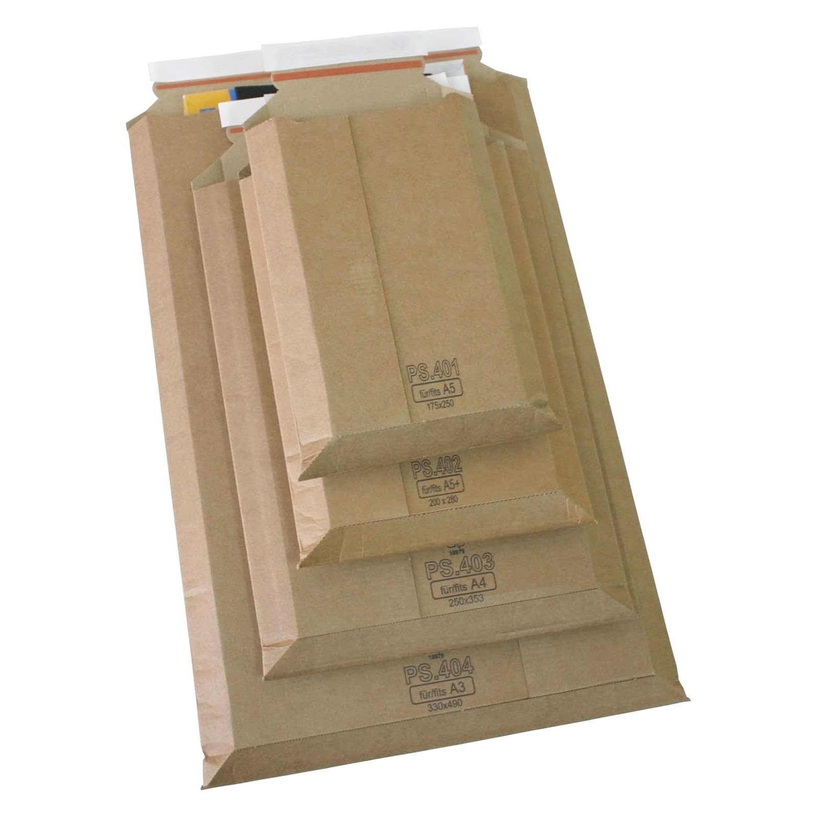 25 sobres formato A4 de cartón rígido para microondas, 250 x 353 mm, ampliables hasta 5 cm de altura, ideales para cartón DIN A4, 450 gramos/m2, color marrón, cierre autoadhesivo (PS.403|A4)