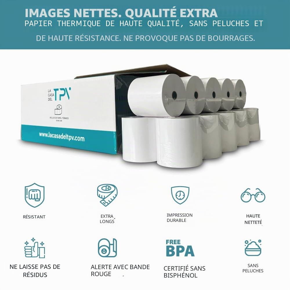Lot de 10 rouleaux d'étiquettes thermiques adhésives - Ruban continu en papier adhésif et thermique - Compatible avec imprimante d'étiquettes adhésives et étiqueteuse thermique - Utilisation en