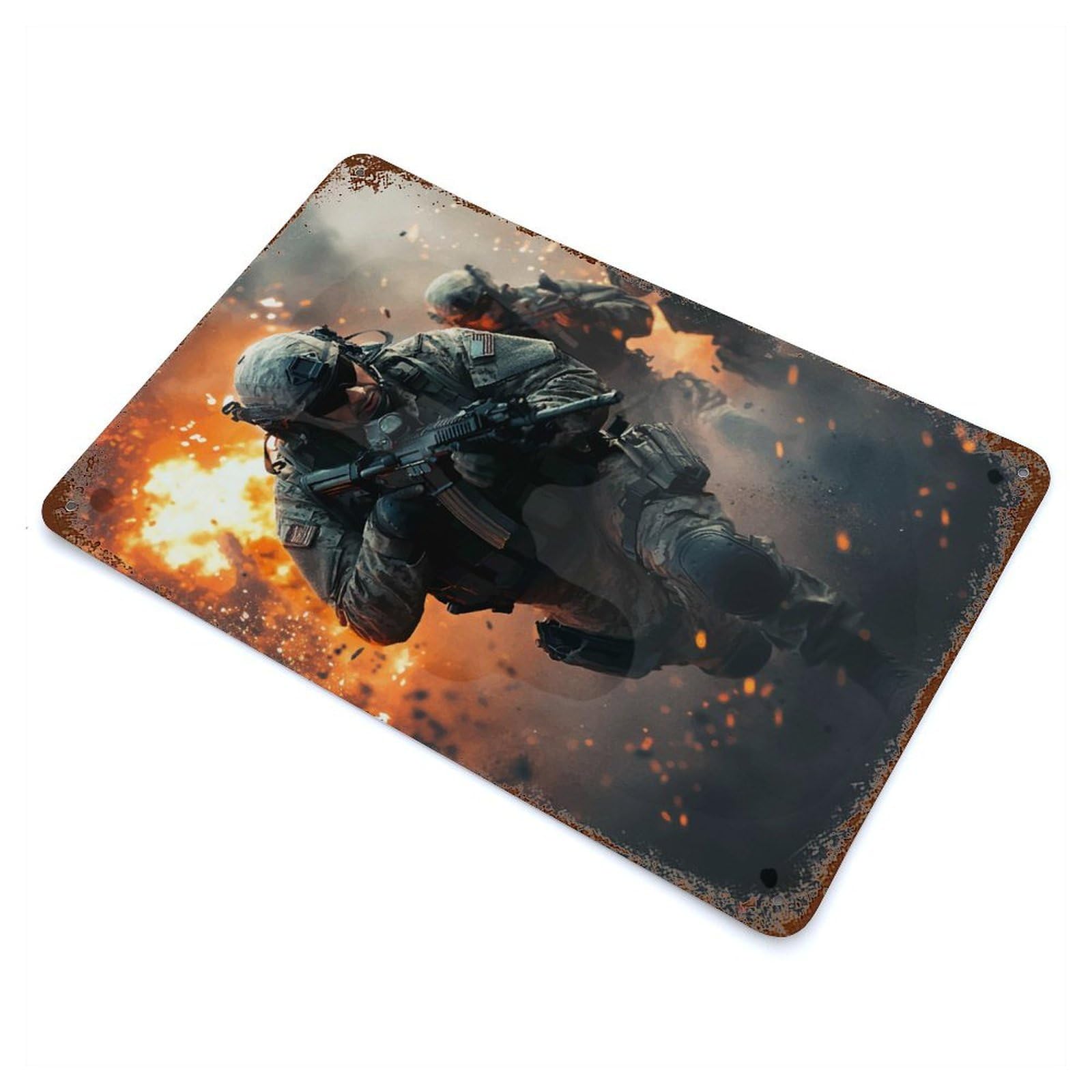 Soldier in Action Rustic Tin Plaque 11.8"x7.9", for Living Room, Hallway And Home Decor, Decorative Metal Wall Art
