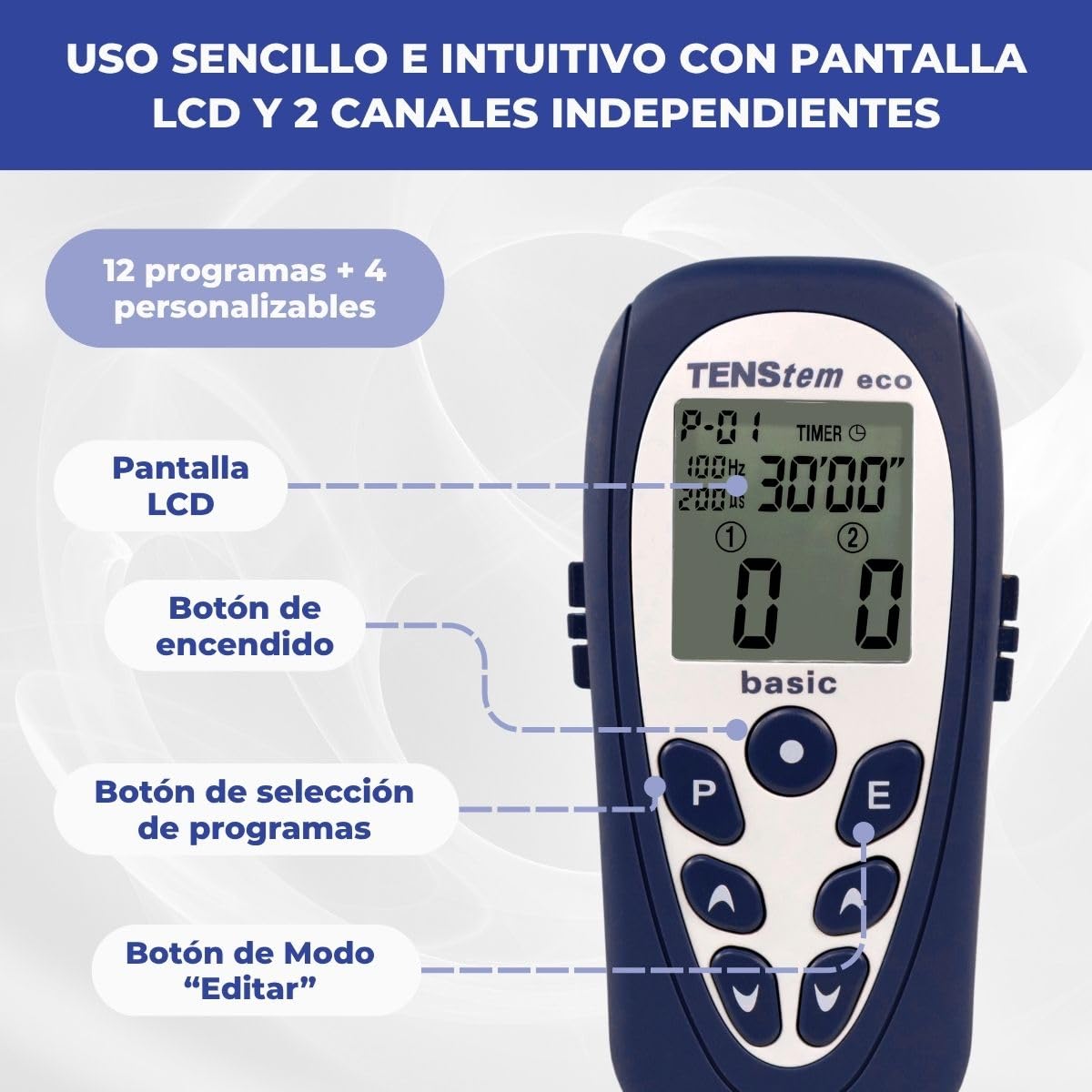 Tens Eco Basic, Electroestimulador Portátil, 2 Canales, 12 Programas + 4 Personalizables, Alivio del Dolor, Estimulación Muscular e Iontoforesis No Invasiva, Pantalla LCD