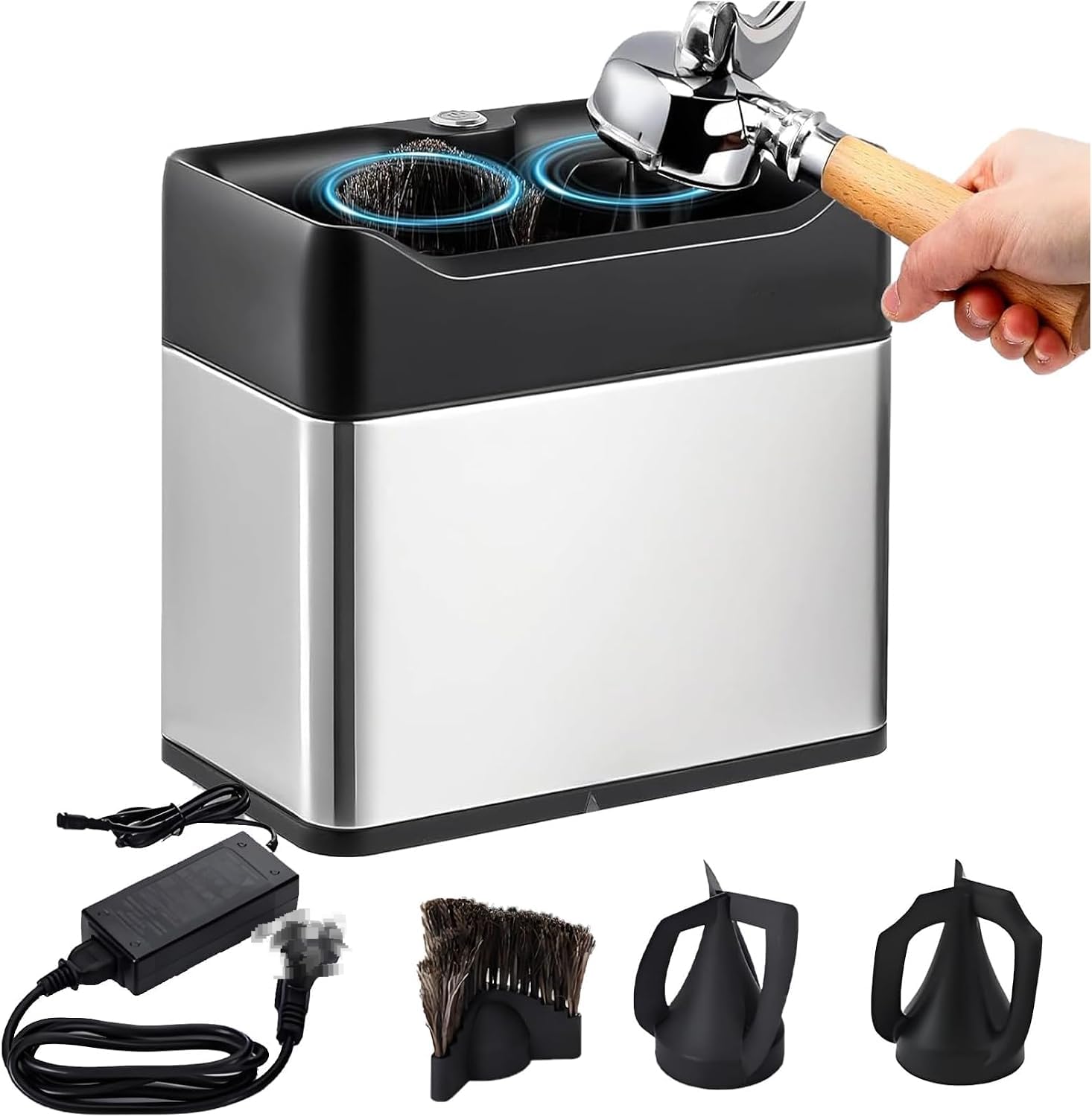 Nettoyant de portafilter électrique 58mm – Machine de nettoyage automatique de moutis de café avec des racleurs et des têtes de brosse, alternative de boîte à knocks d'espresso pour les cafés et la ma