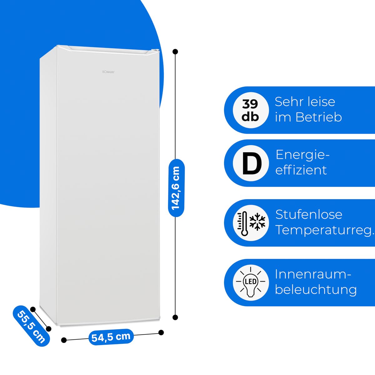 Frigorifero Bomann® senza scomparto congelatore, Classe energetica D, 143 cm, 5 ripiani, 0 °C ~ +8 °C, Silenzioso 39 dB, Frigorifero per bevande, Scomparto per bottiglie da 242 l,