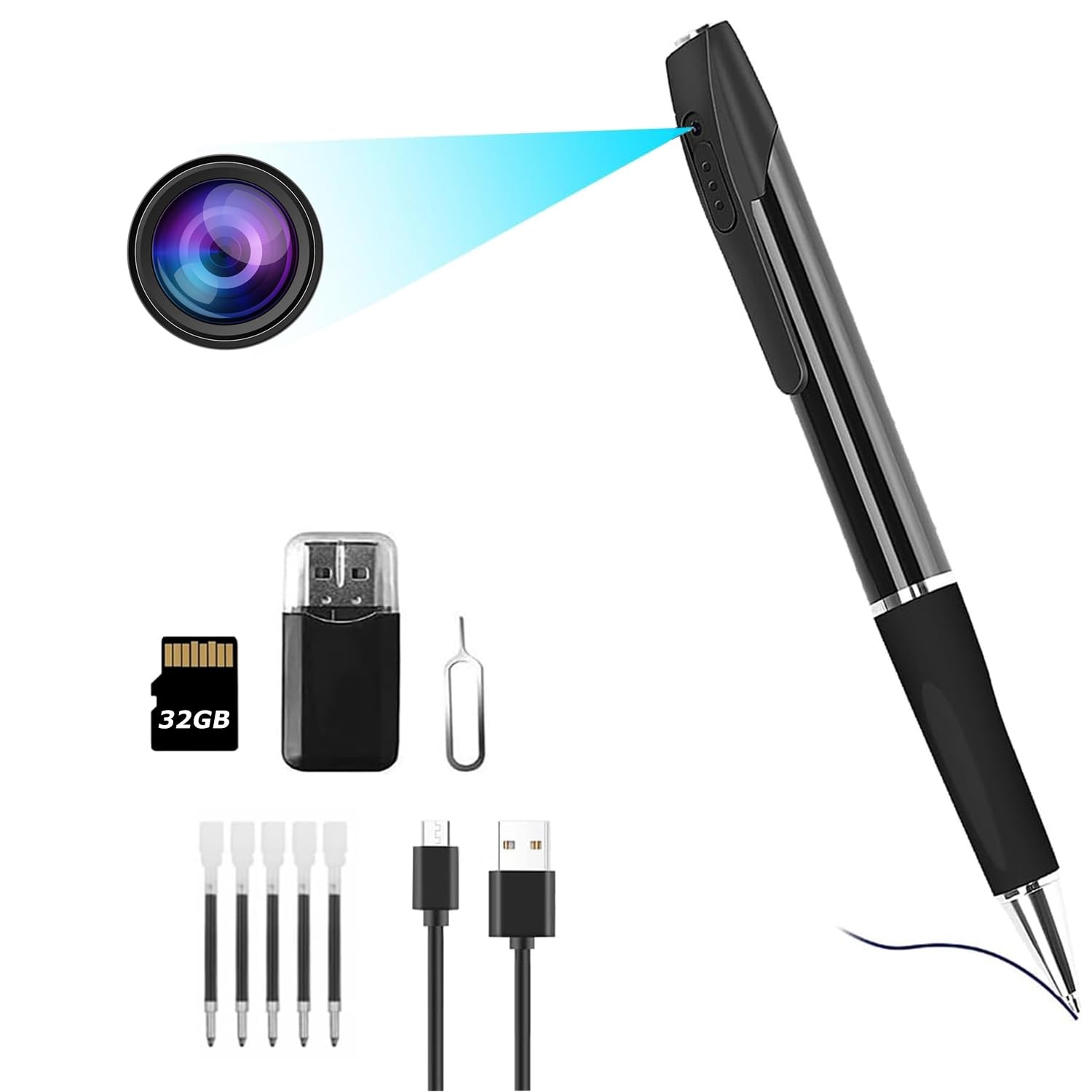 Mini Camera Espion, 1080p HD Caméra Cachée Stylo Mini Caméra de Poche Surveillance Spy Camera avec Enregistrement Vidéo Prise de Photo et 90 Mins d'Autonomie