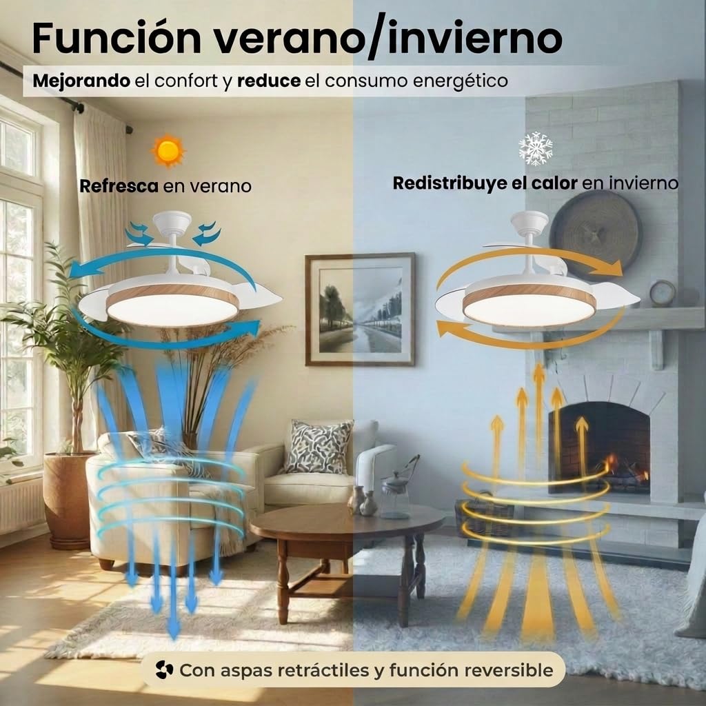Ventilador de Techo Retractil Madera con Luz LED Silencioso - Ventilador de 108 cm con Tonos de Luz y Función Verano e Invierno con APP - Hasta 25 m2-30 W Motor DC