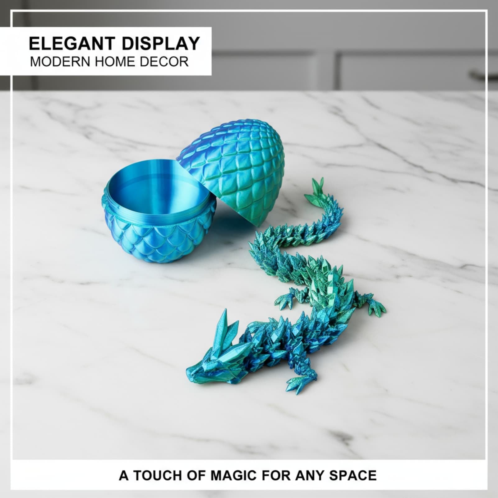 Glittering 3D Printed Dragon Egg with Bendable Dragon Inside, Mystical Alien Egg Crystal Animal, Fidget Spinner Alternative Toy for Kids, End of Term Gift (Blue Green) - Image 2