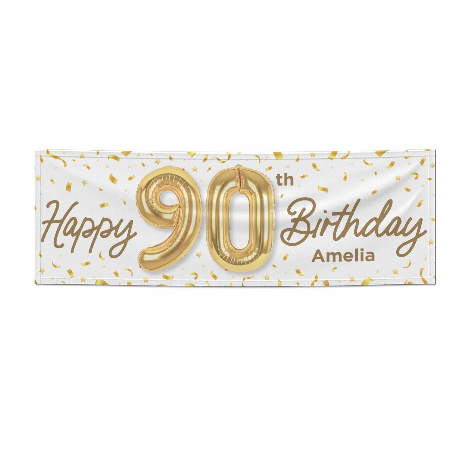 Personalised 90th Birthday Banner 5.85ft x 1.95ft Gold and White Confetti Paper Party Banner with Custom Name Foil Balloon Effect 90 Indoor Decoration