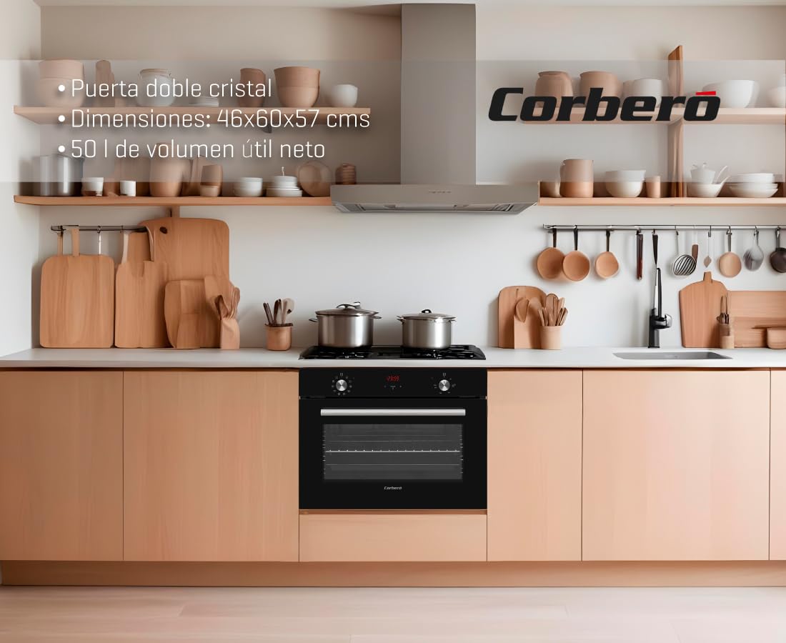 Corberó - Horno Multifunción Compacto 50L| CCHCV451021DTG | 46x60x58 | Hidrólisis | Display Táctil | Guías Extraíbles | 10 Programas | 3100W Potencia | Puerta Doble Cristal | Cristal Negro
