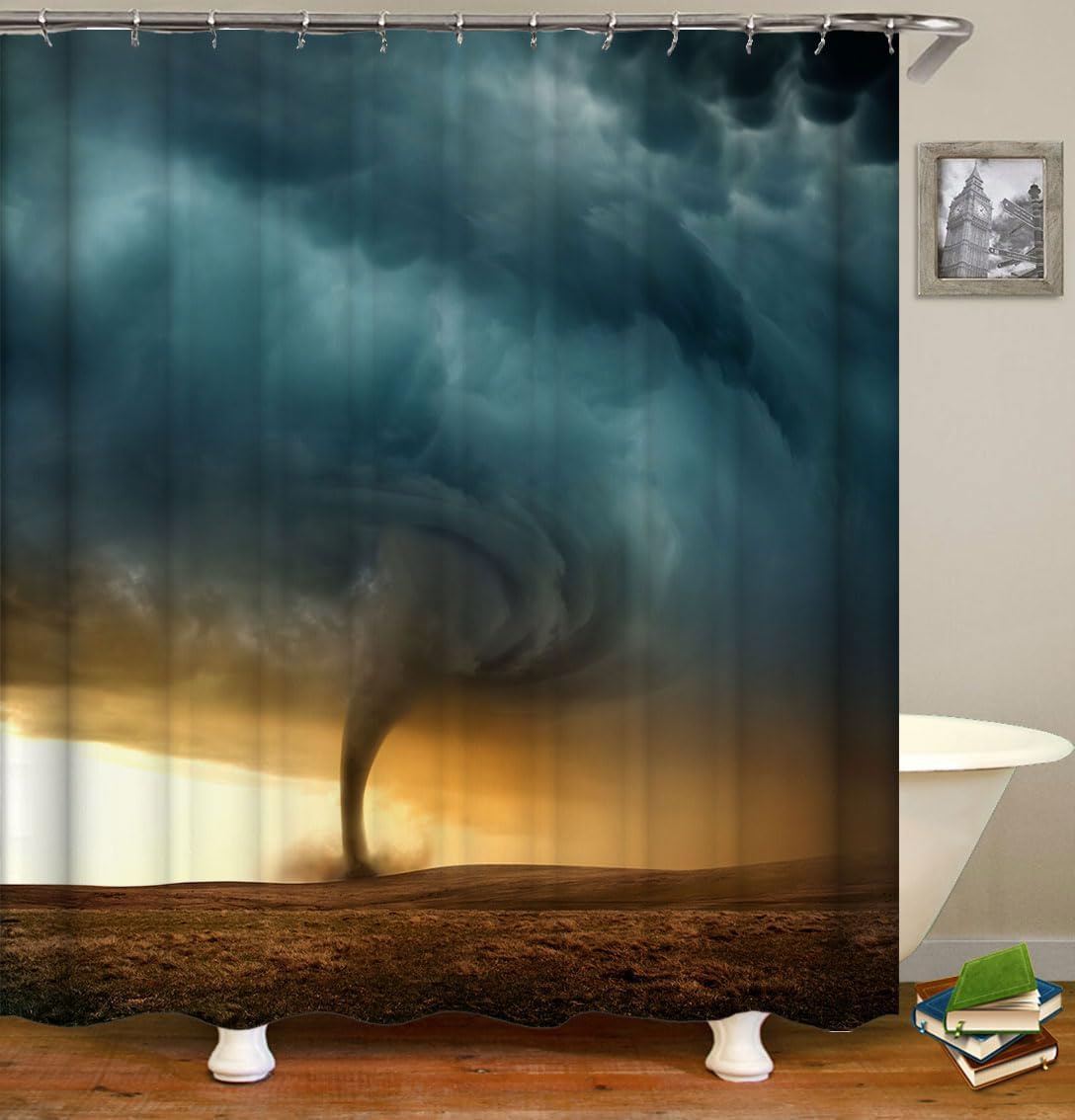 Dark Clouds in The Sky Natural Disasters Grassland Desert Tornado Background Shower Curtain Sets for Bathroom Fabric Machine Washable Digital Printing Decor with 12 Hooks, 72 x 72 Inches