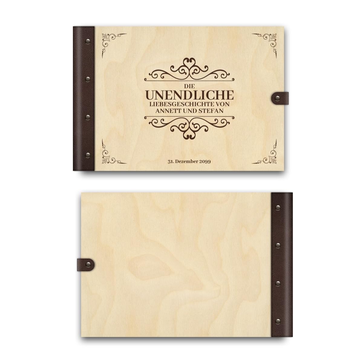Personalisiertes Hochzeit Gästebuch echtes Holz DIN A4 Hochzeitsbuch mit Lasergravur - Liebesgeschichte - mit 72 Blatt / 144 Seiten Naturpapier Weiß