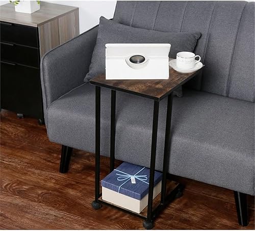 Miniatura 16 de JJS Mesa lateral C para sofá, sala de estar, mesa de aperitivos que se desliza debajo para espacios pequeños, roble/blanco blanco (Oak/White),Marrón