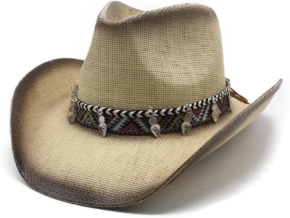 Western Cowboy Hat, Pink Straw, Decorative Tribal Band with Metal Accents