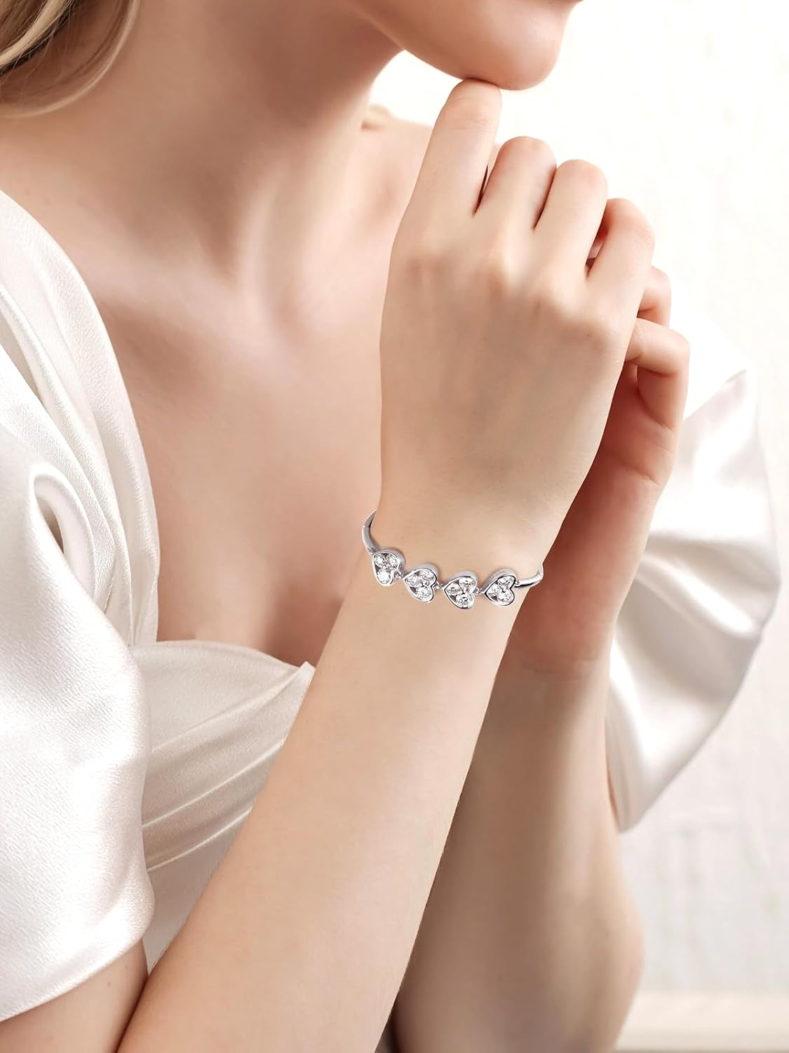 CYW 3.20 Carat Moissanite Hearts Bracelet for Women, Real Authentic 925 Sterling Silver, 6.3" to 7.1" (16cm to 18cm) Adjustable, Birthday Anniversary Valentines Christmas Ideal Gift for Her