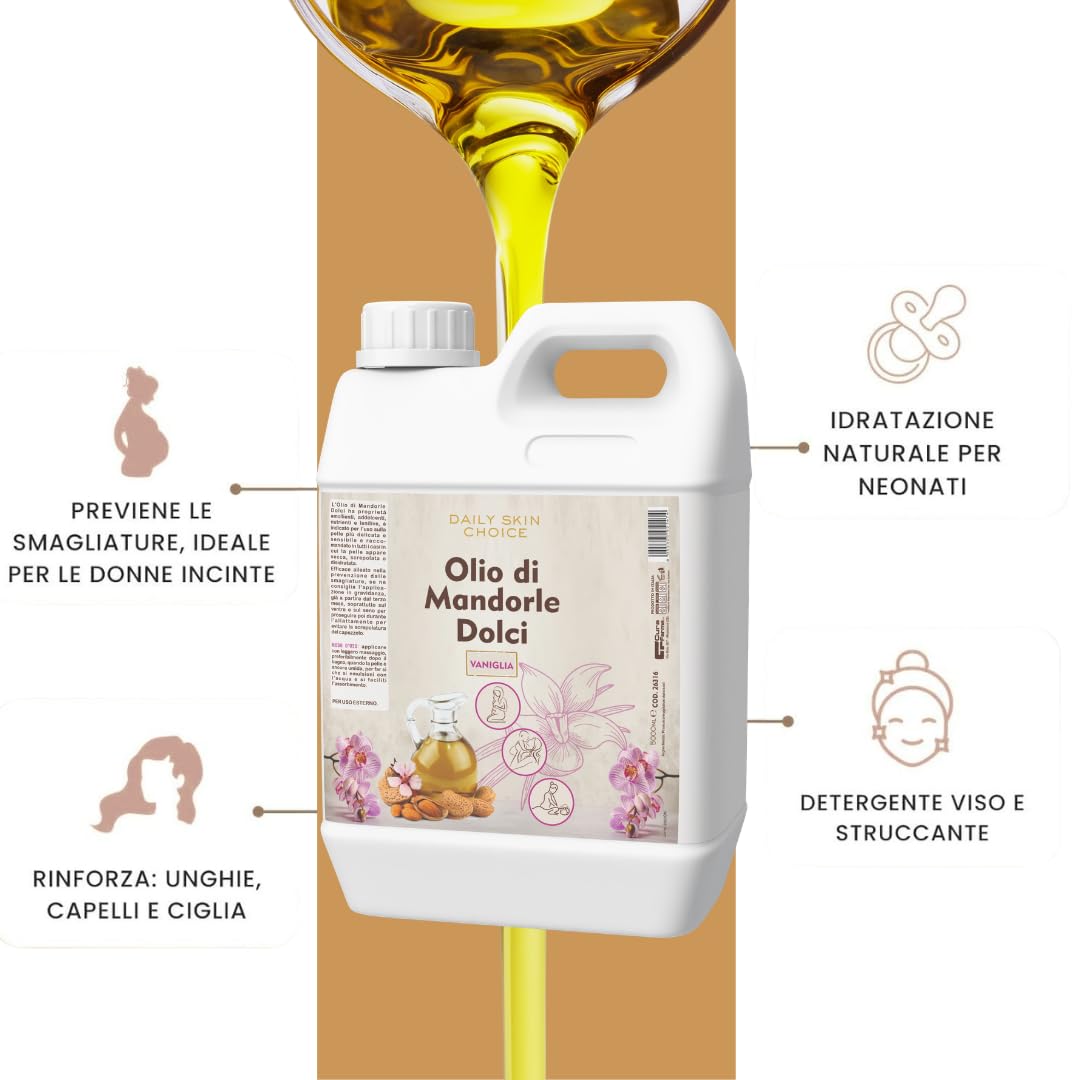 Olio di Mandorle Dolci al Profumo di vaniglia 5 L – Olio Corpo Emolliente e Nutriente per Massaggi, Post-Doccia e Post-Ceretta – Formato Professionale