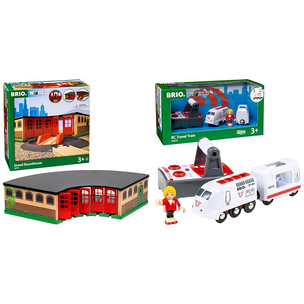 BRIO World 33736 Großer Ringlokschuppen mit Drehscheibe - Zubehör Holzeisenbahn & World 33510 IR Express Reisezug - Elektrische Lokomotive mit Fernsteuerung