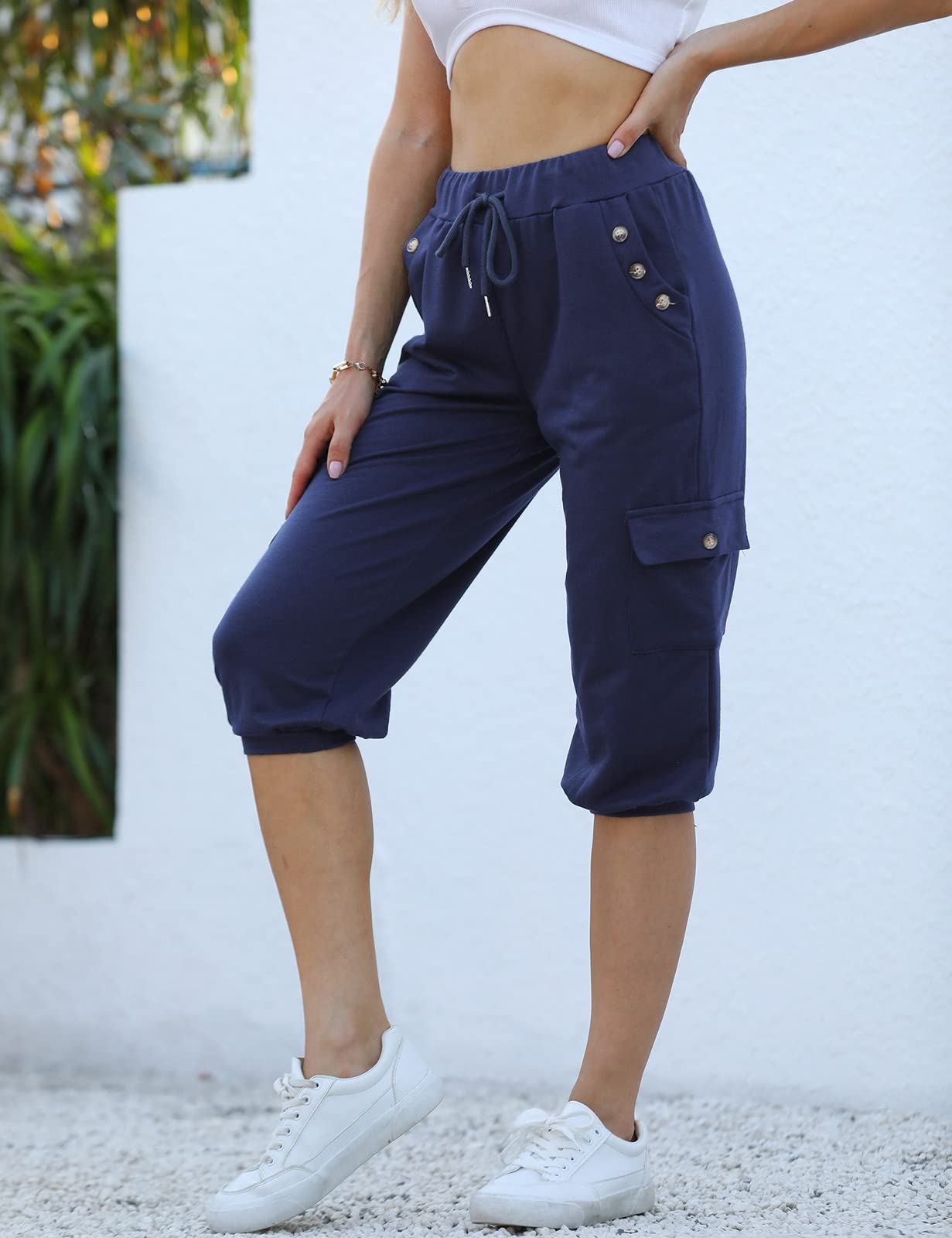 heekpek Pantalon Pirata Mujer Verano Pantalon Chandal 3/4 Mujer Casual Holgado Pantalones Capri 3/4 Pantalon Deporte con Botón Bolsillos y Cordón Cintura Elástica