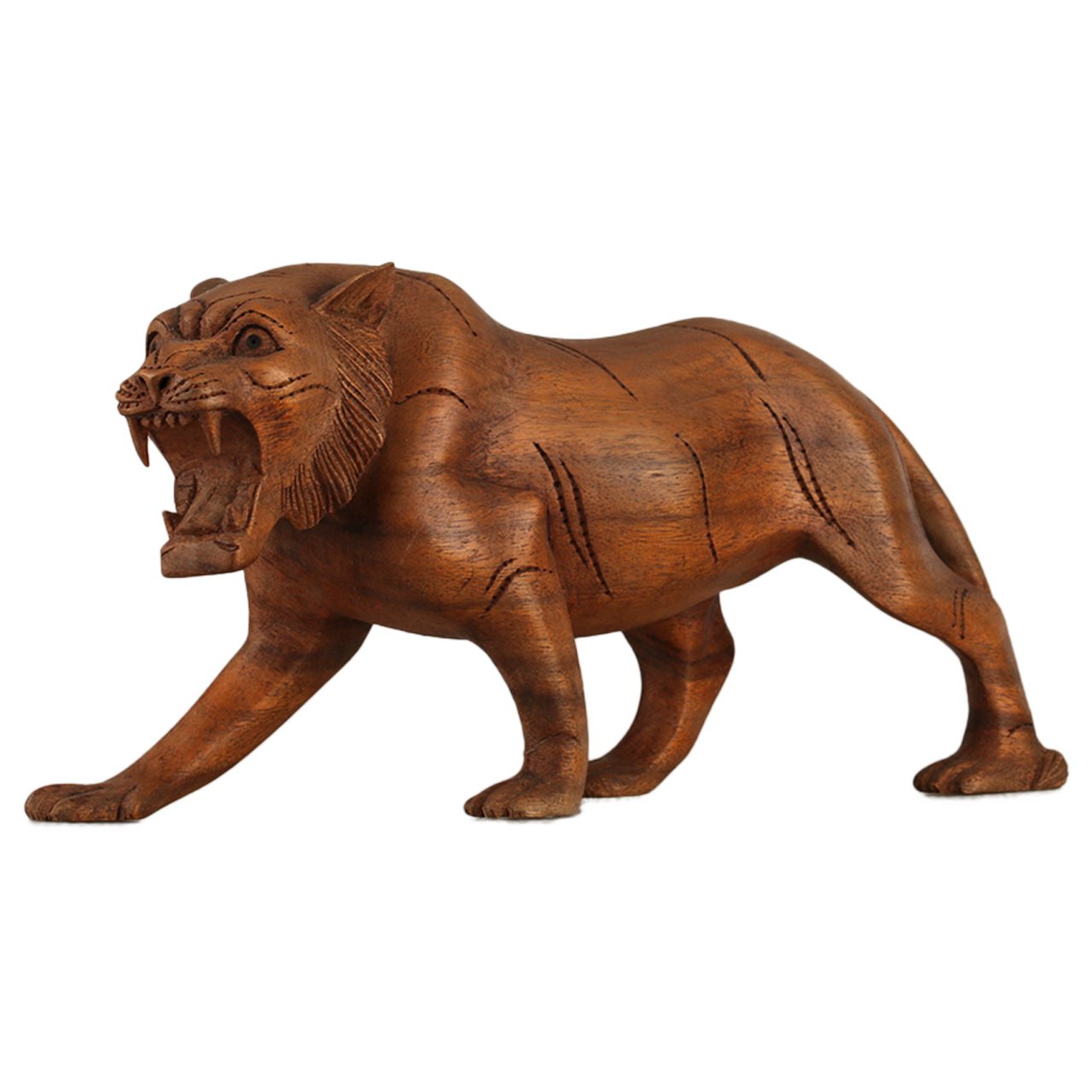ART-CRAFT Holz-Tiger Schnitzerei aus Suar Holz dunkel gebeiz