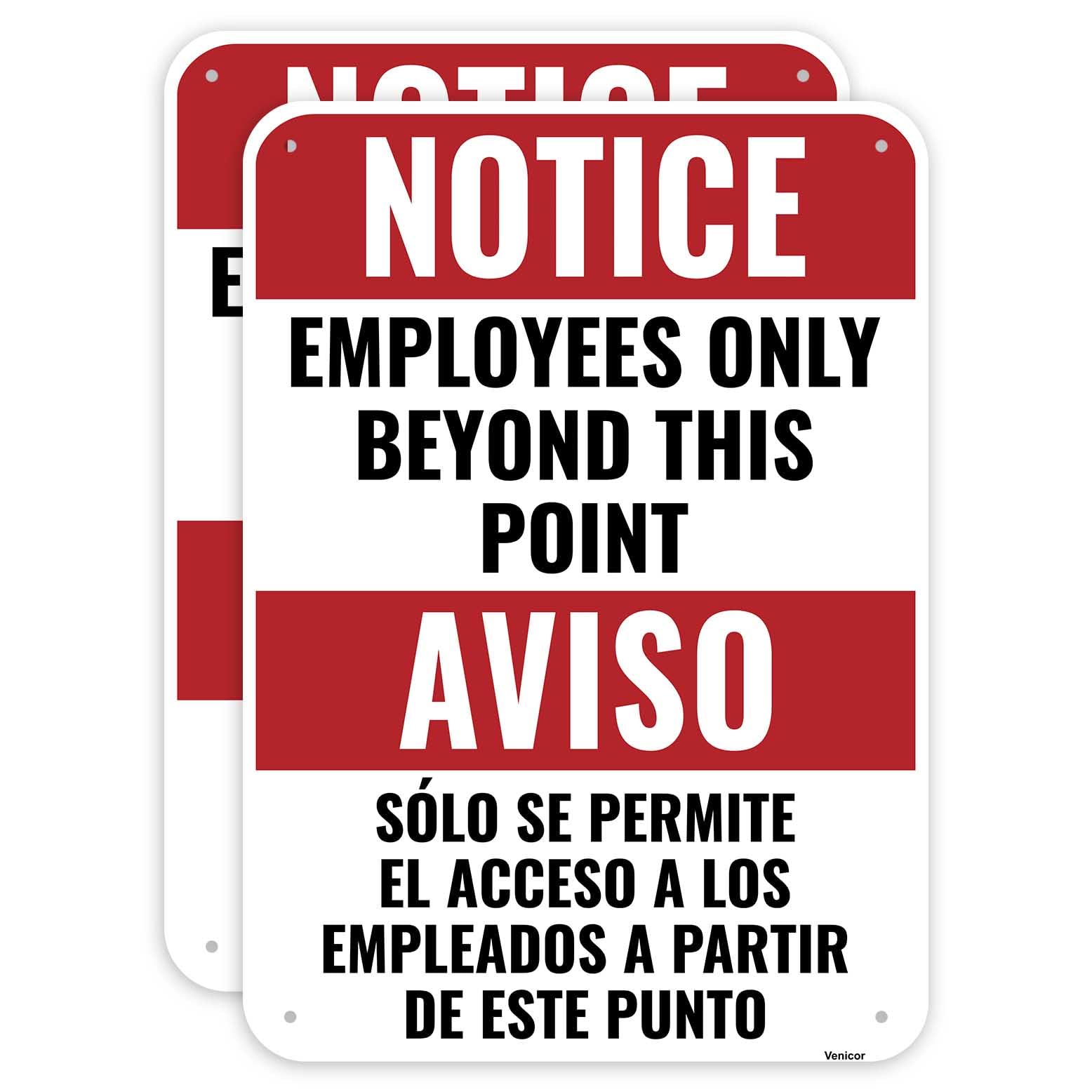 2PC Employees Only Beyond This Point Sign Bilingual, 14 x 10 Inches - Aluminum - No Customers Allowed In Work Area Staff Only Sign For Door
