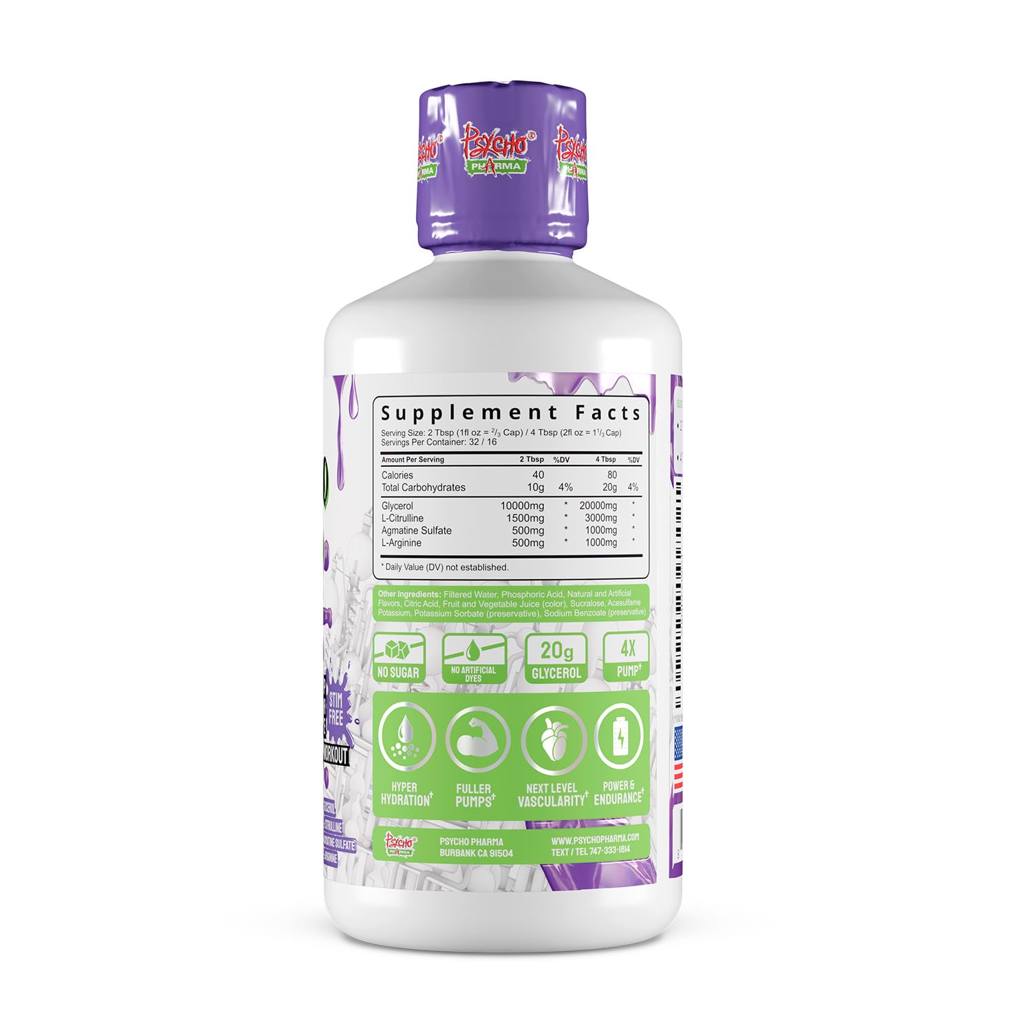 Psycho Pharma Psycho Syrup Liquid Glycerol Pump Pre-Workout, Non-Stim Caffeine-Free with L-Citrulline, Agmatine & L-Arginine for Pumps, Hydration, Vascularity & Endurance, Purple Drank, 32 fl oz — Amazon image 2