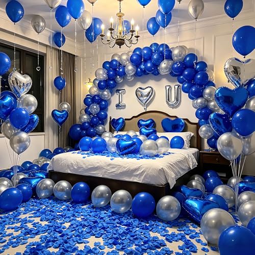 Image of I Love You Balloon Decoration Kit for Him, Royal Blue and Silver | 1000 Silk Rose Petals,Foil Heart Balloons,40 Latex Balloons,Ribbon and Glue Dots|Romantic Room Decor,Anniversary Valentine