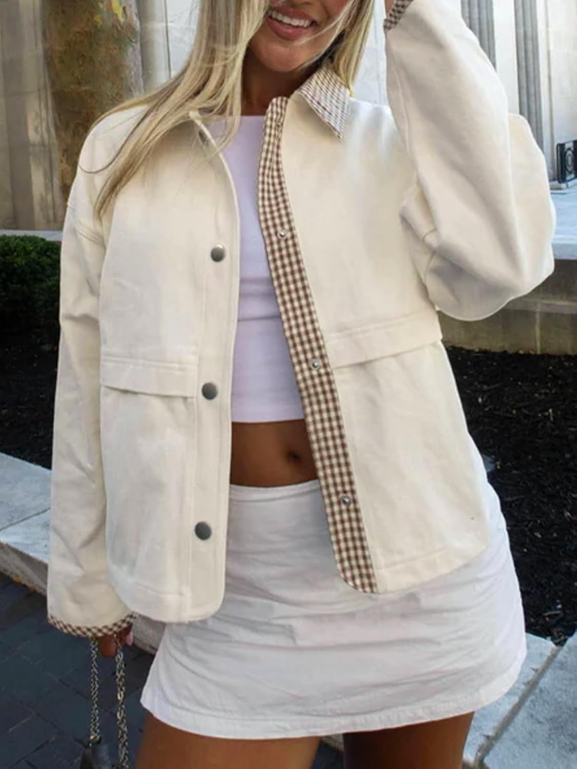 Womens Gingham Contrast Jacket Lightweight Lapel Cropped Trench Coat with Snap Button and Plaid Trim Cuffs