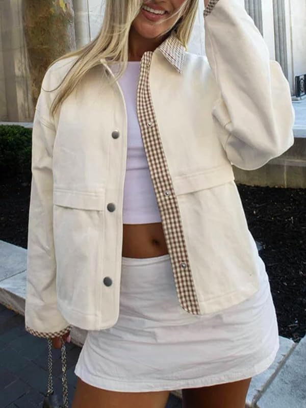 AIWUFLY Women Gingham Contrast Cropped Jacket Lightweight Casual Plaid Collar Jackets Snap Buttons Coat with Pockets Spring Fall Wear Cream Small by AIWUFLY - Used condition - Image 5