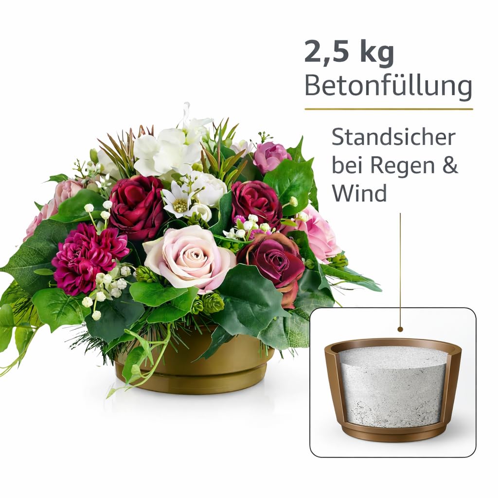 Generisch Grabgesteck künstlich wetterfest 30 cm – Grabgestecke mit Rosen im Topf beschwert – Grabschmuck für Friedhof & Urnengrab – EU Handmade Grabdeko