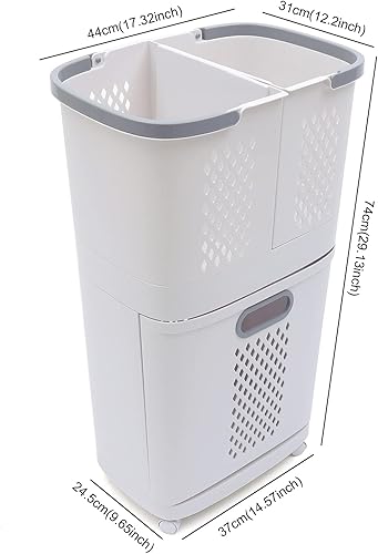 Miniatura 6 de YIYIBYUS Cesta de lavandería de 3 niveles con asa en ruedas, contenedores de almacenamiento de ropa rodantes, cesta de lavandería con ruedas,