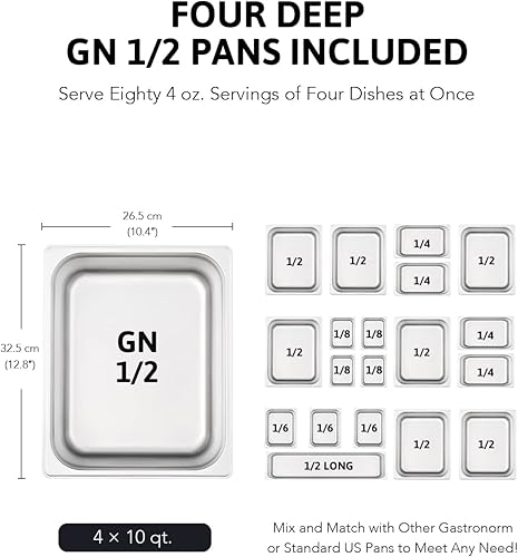 Miniatura 8 de WILPREP Calentador de alimentos comercial de 4 bandejas, mesa de vapor de 40 cuartos de galón, bandeja de calentamiento eléctrico de 1200 W,