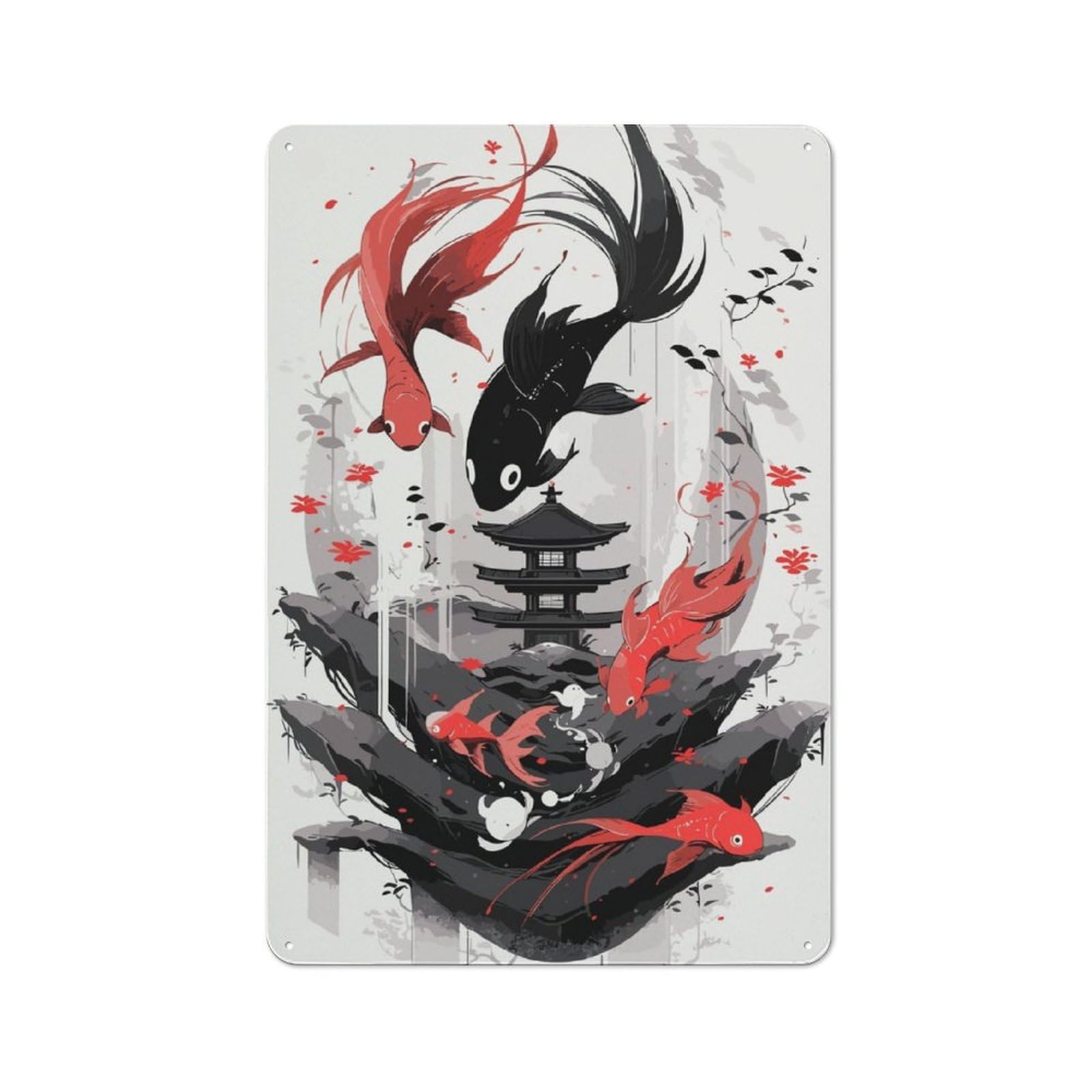 Junmoney Japanese Red Black Koi Vintage-Inspired Tin Sign 30X20cm For Garage Or Workshop, For Garage, Workshop And Man Cave Decoration
