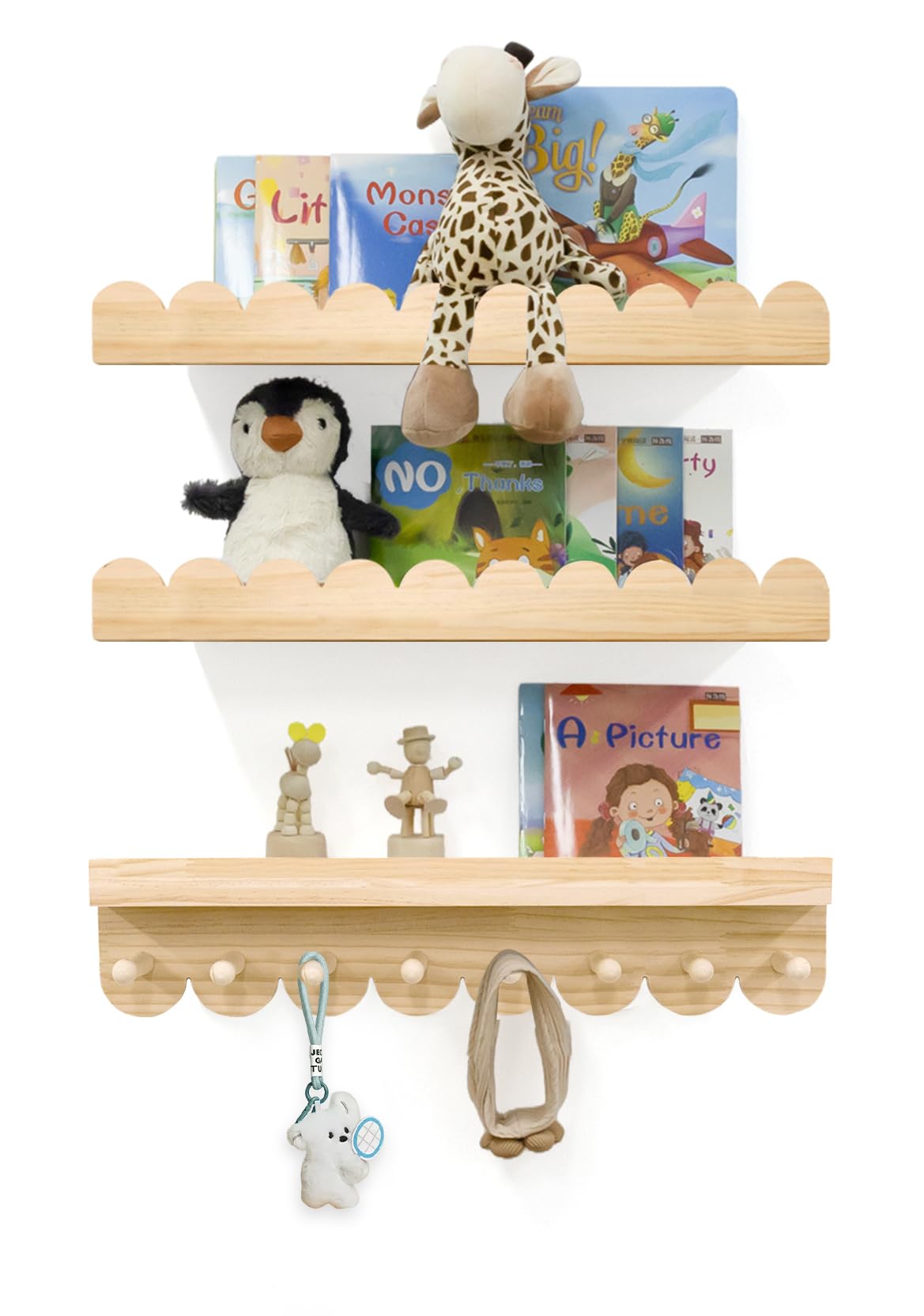 floating nursery book shelves with hooks-20inches scalloped shelves for bedroom kids set of 3, nursery bookshelf for kids room decor, natural, large