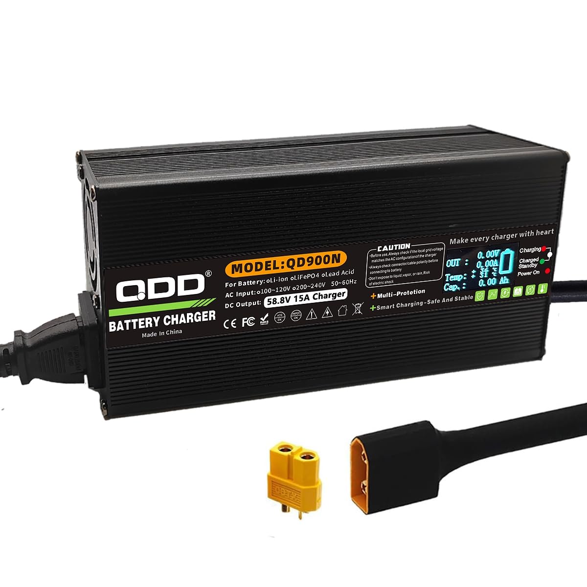 QDD Chargeur de batterie Li-ion 58,8 V 15 A avec écran OLED, prise CC XT60, utilisé pour batterie au lithium 14S 52 V, chargeur rapide 52 V