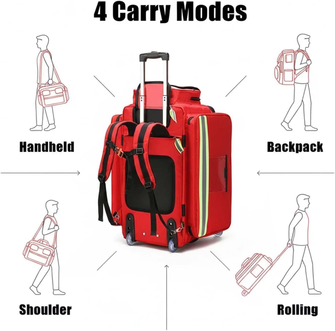 Bolsa de primeros auxilios con ruedas, bolsa de almacenamiento de gran capacidad, tela Oxford 1200D ignífuga, almacenamiento de kits de emergencia con compartimentos, correa de hombro ajustable