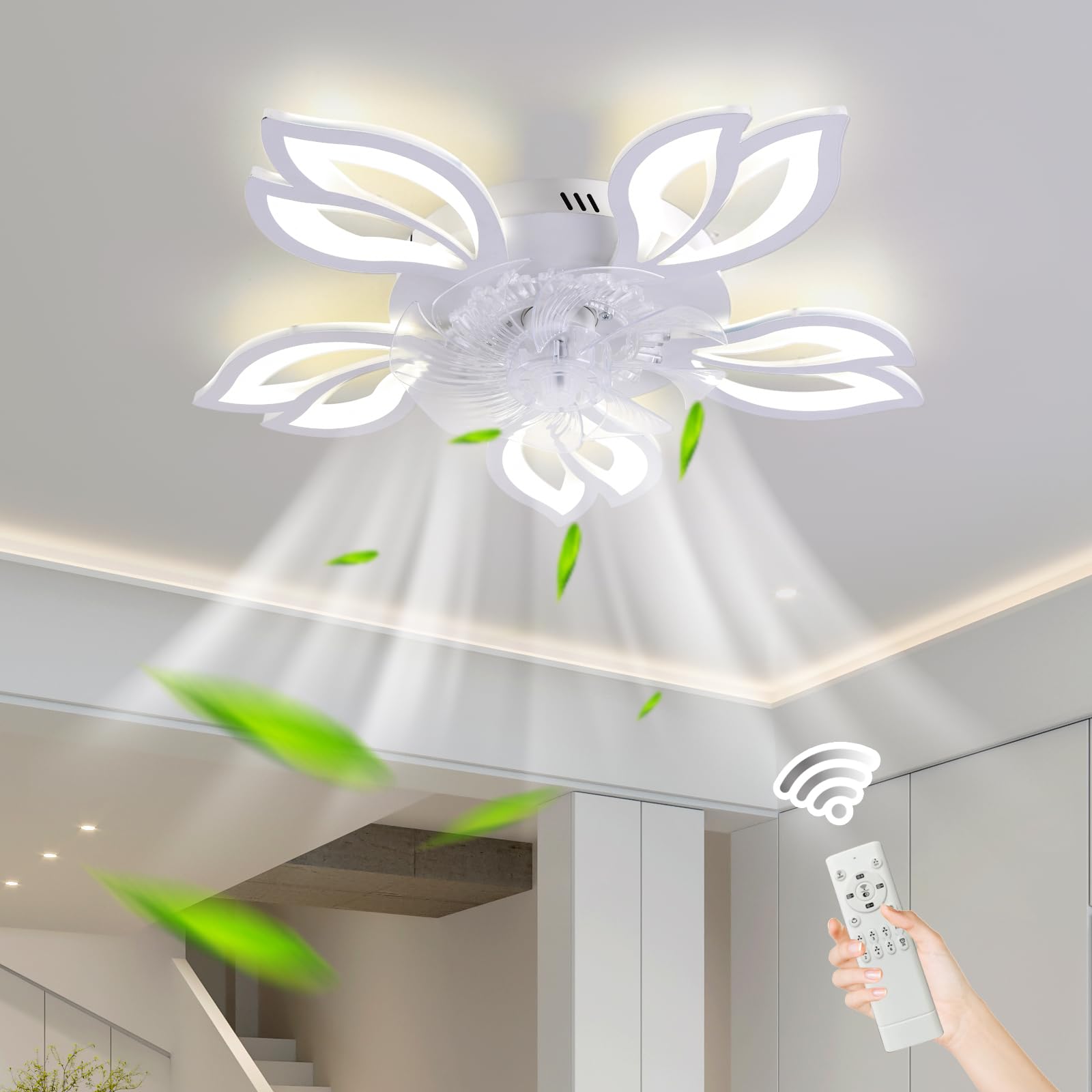 Becailyer Modern Ceiling Fan with Lights, 50W Dimming Remote Control 5-Leaves Shape Led Flush Mount Ceiling Fan Lamp 6 Gear Wind Speed Quiet Fan Light Fixture for Living Room Bedroom Dining Room