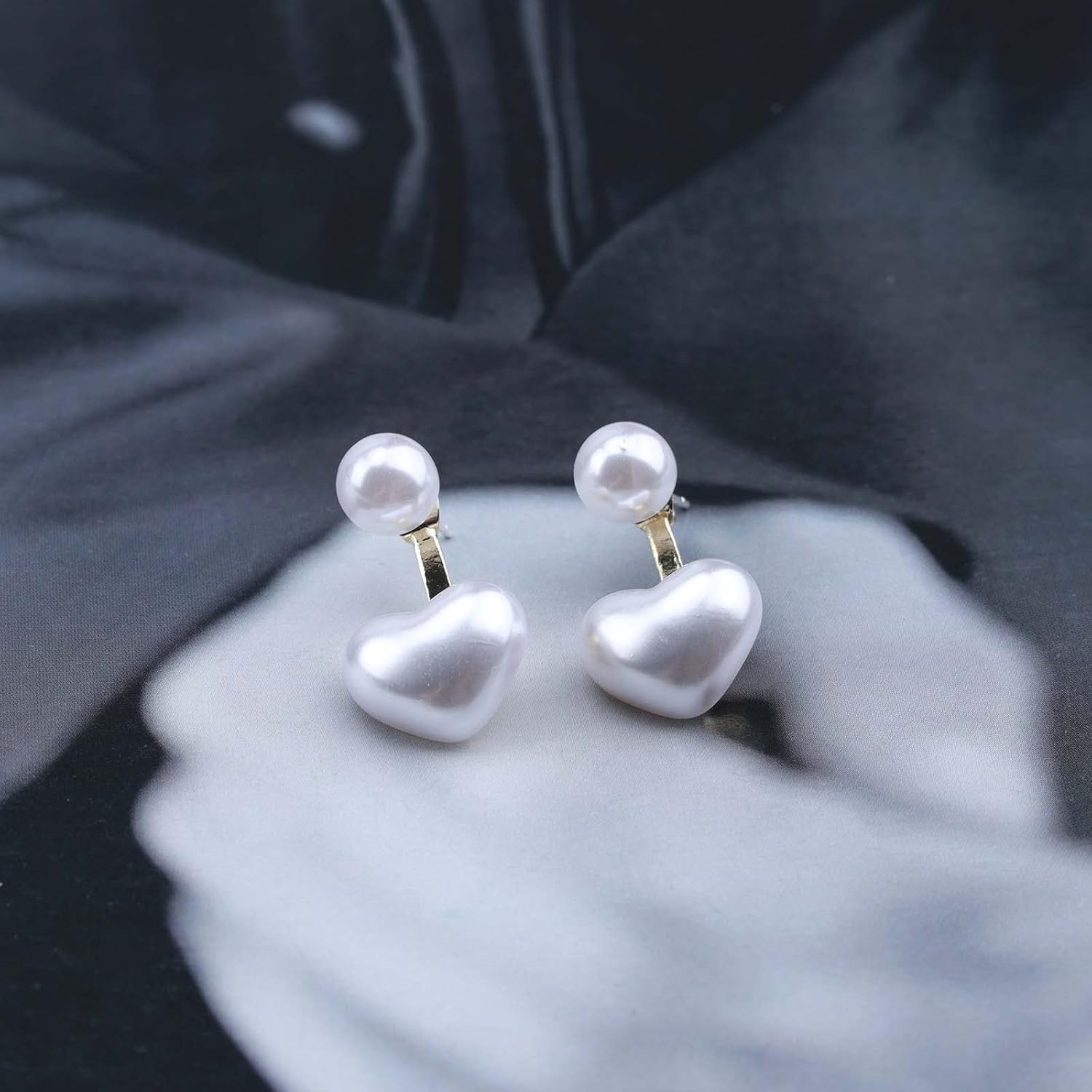 Boho Pearl Heart Ear Jacket Earrings Gold Pearl Studs Earrings Love Heart Earrings Double Sided Front Back Earrings Jewelry for Women - Image 6