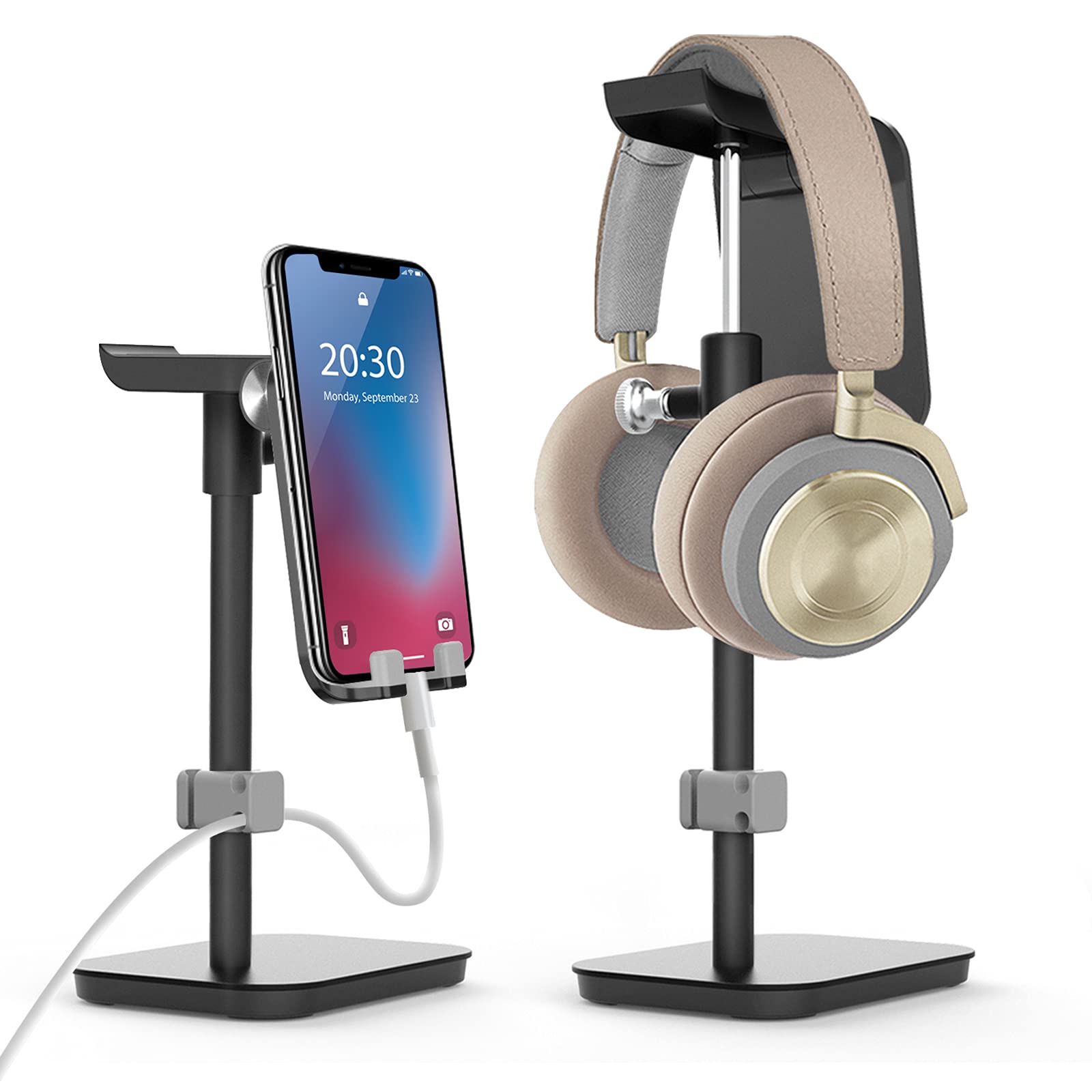 Cell Phone Stand&Headphone Stand 2-IN-1, 6amLifestyle Adjustable Desktop Phone Holder Dock with Cable Manage Compatible with Android Phones/iPhone/iPad/Tablet/Kindle (Black)