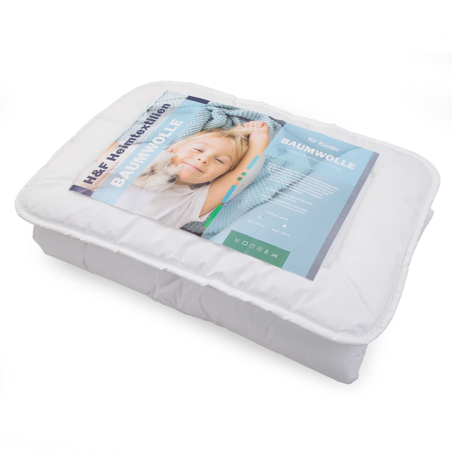 H&F Heimtextilien Kinderbettdecke Babybettdecke | Steppdecke mit Kissen Set für Kinder und Baby | Kinderdecke, Babybett Decke mit Kissen | Bettzeug: Baumwolle Weiß | Große: 90x120 + 40x60 cm