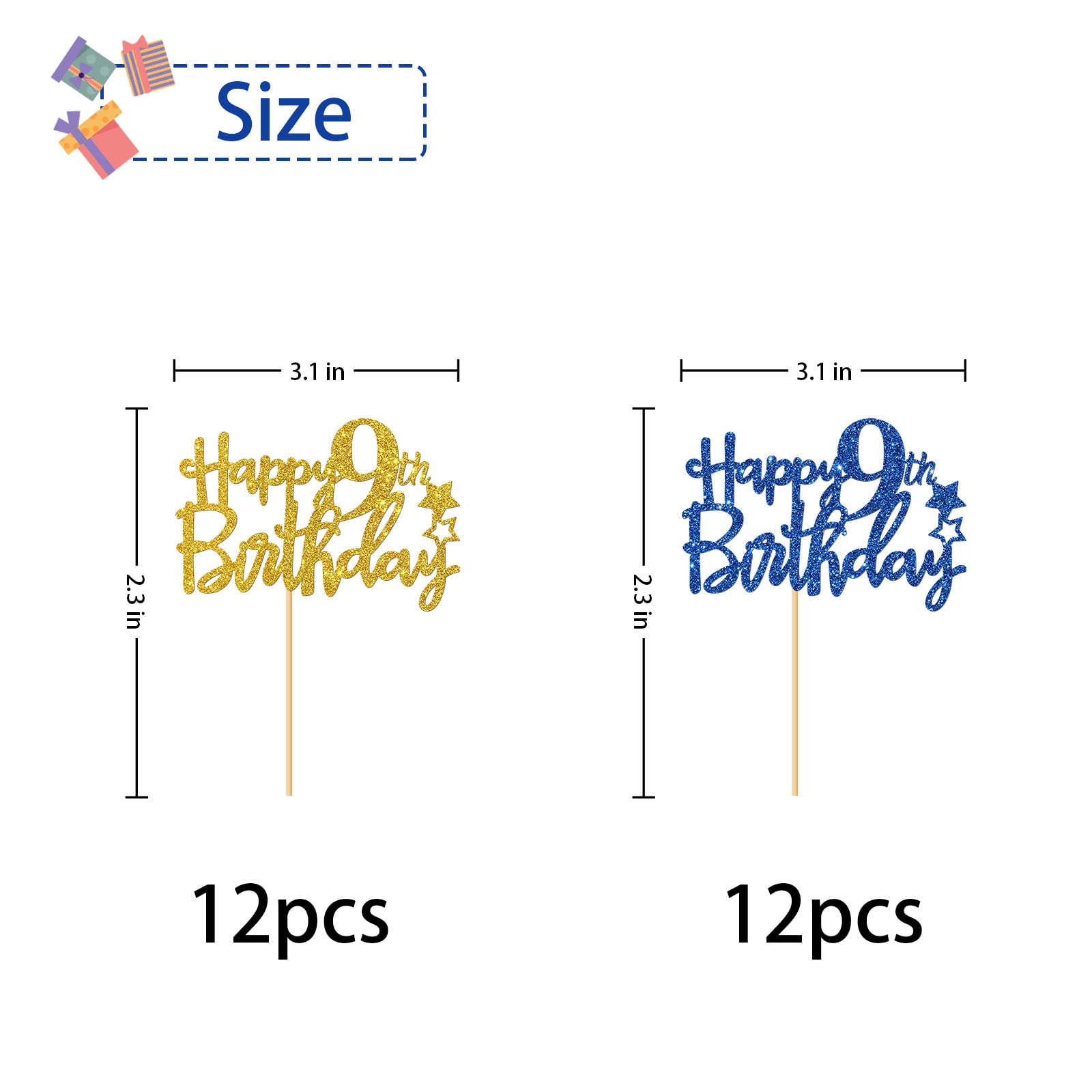 RoadSea Happy 9th Birthday Cupcake Toppers - Kid Girl Boy Nine Years Old Party Decorations - Blue & Gold Glitter Supplies - 24 PCS