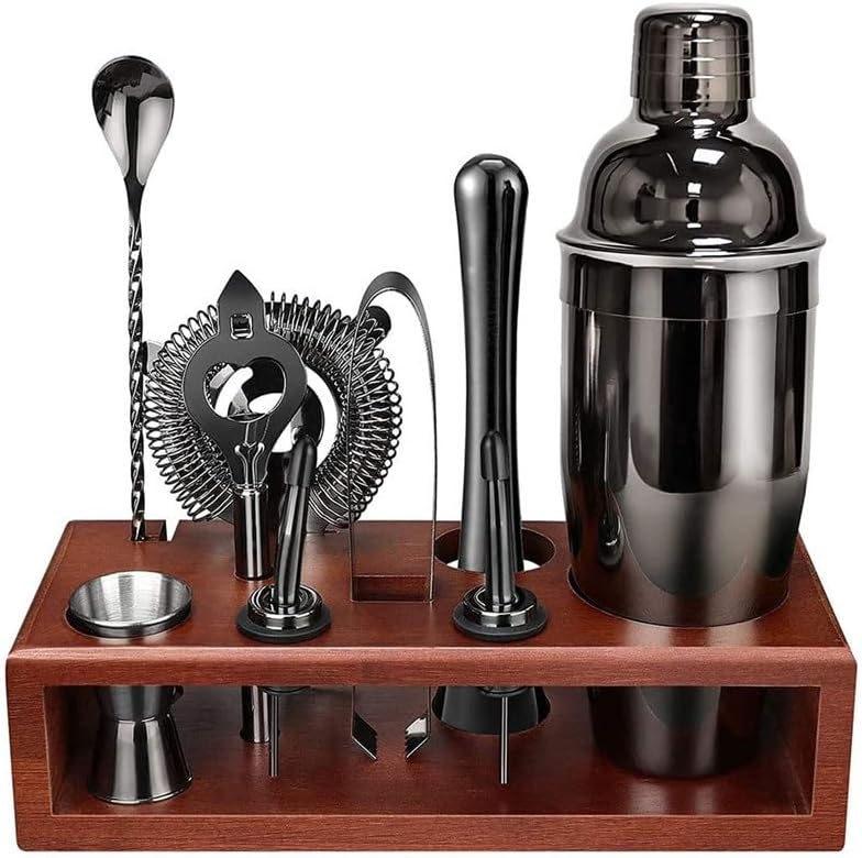 750ml Shaker Cup Stainless Steel Complete Mixer Wooden Stand Set 10-piece Bar