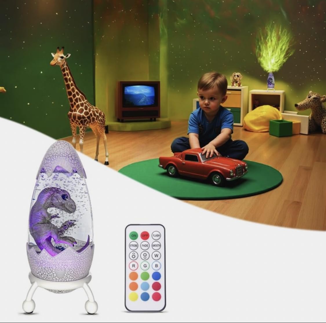 Lily's Home Lámpara de luz nocturna de dinosaurio para habitación de niños, 1 unidad, control remoto de 12 colores, diseño de burbujas, brillo ajustable, 9.8 pulgadas de alto, alimentado por USB
