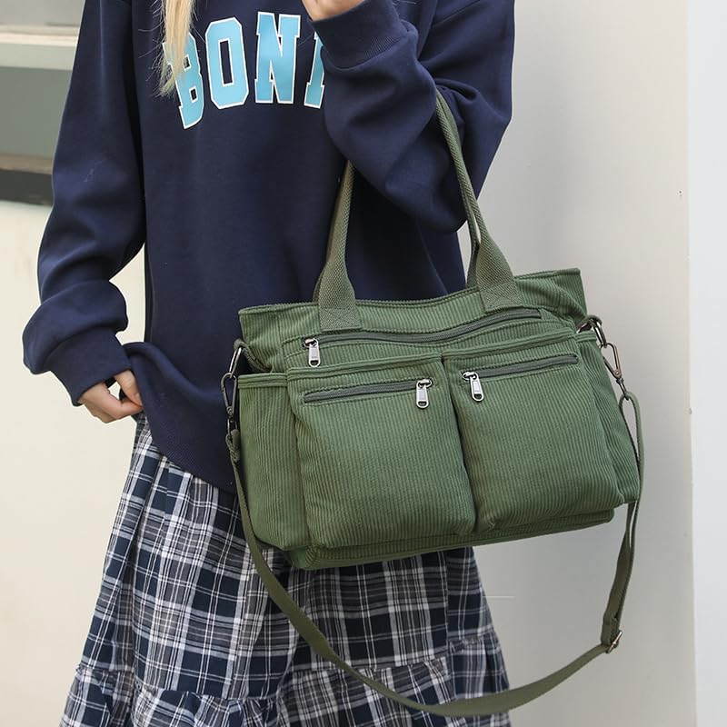 Corduroy Crossbody Tote Bag for Women Cute Shoulder Bag Large Messenger Bag Commuter School Purse Handbag Work Multi Pocket(green) - Image 3