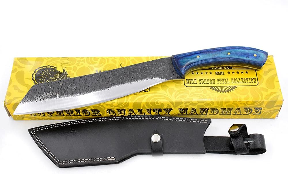Wild Turkey Handmade Collection 17'' Fixed Blade Bushcraft Hunting Knife w/Leather Sheath (Blue)