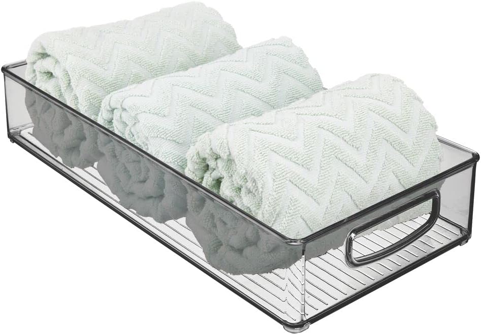 mDesign Plastic Stackable Storage Container Bin with Handles - Bathroom Cabinet Organizer for Makeup, Shampoo, Conditioner - 16" Long, 2 Pack - Smoke Gray