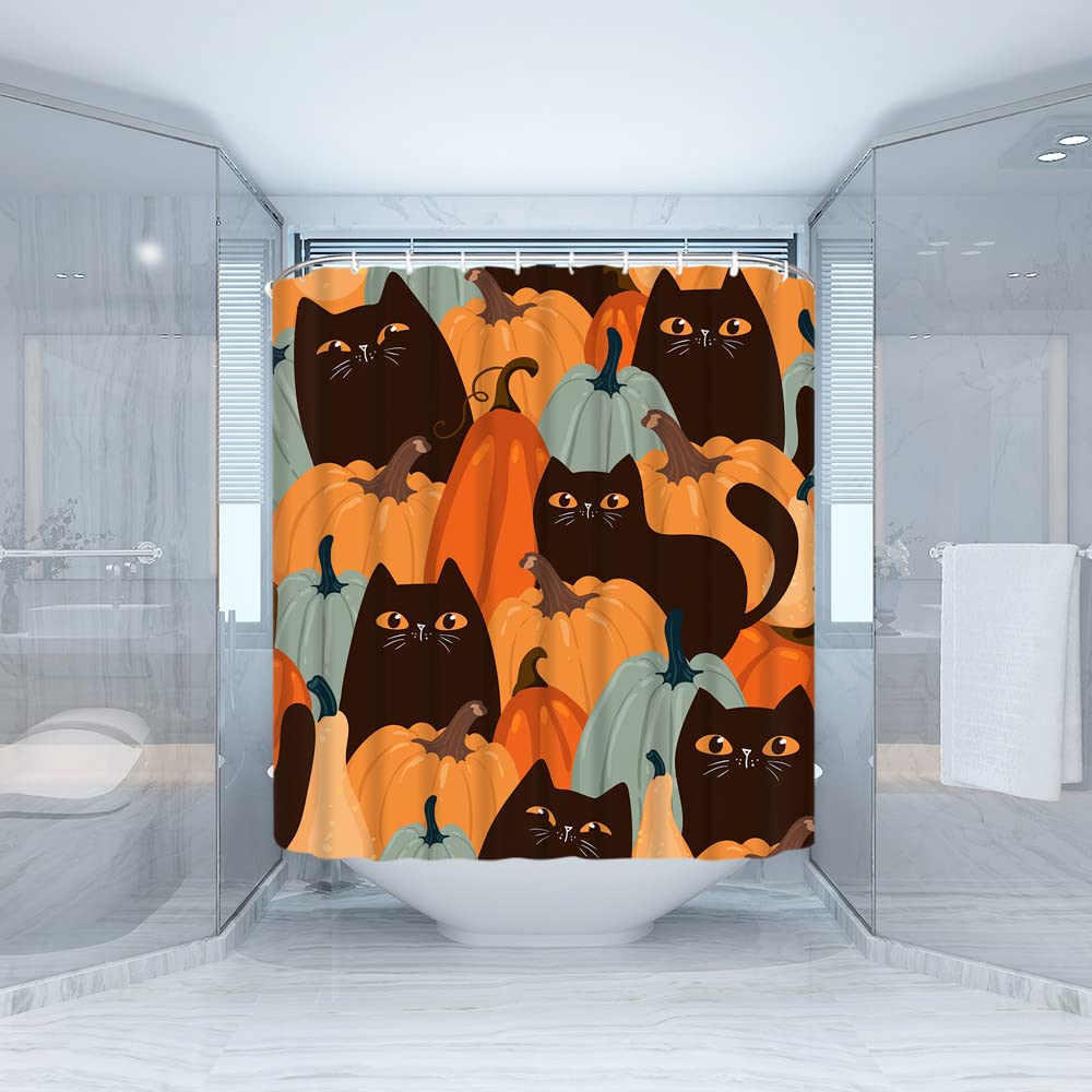Halloween-Duschvorhang Mit Schwarzer Katze & Kürbis – 180x180 Cm, 100% Polyester, Inkl. Haken
