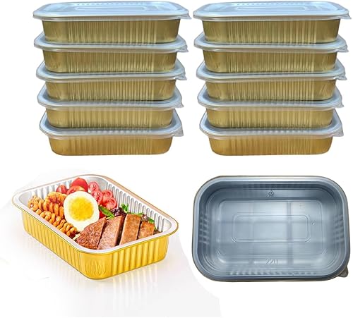 Sartenes de papel de aluminio de SuiXinCook con tapas, 10 unidades, resistentes, 2 libras, sartén pequeña de papel de aluminio de 8.5"×6",