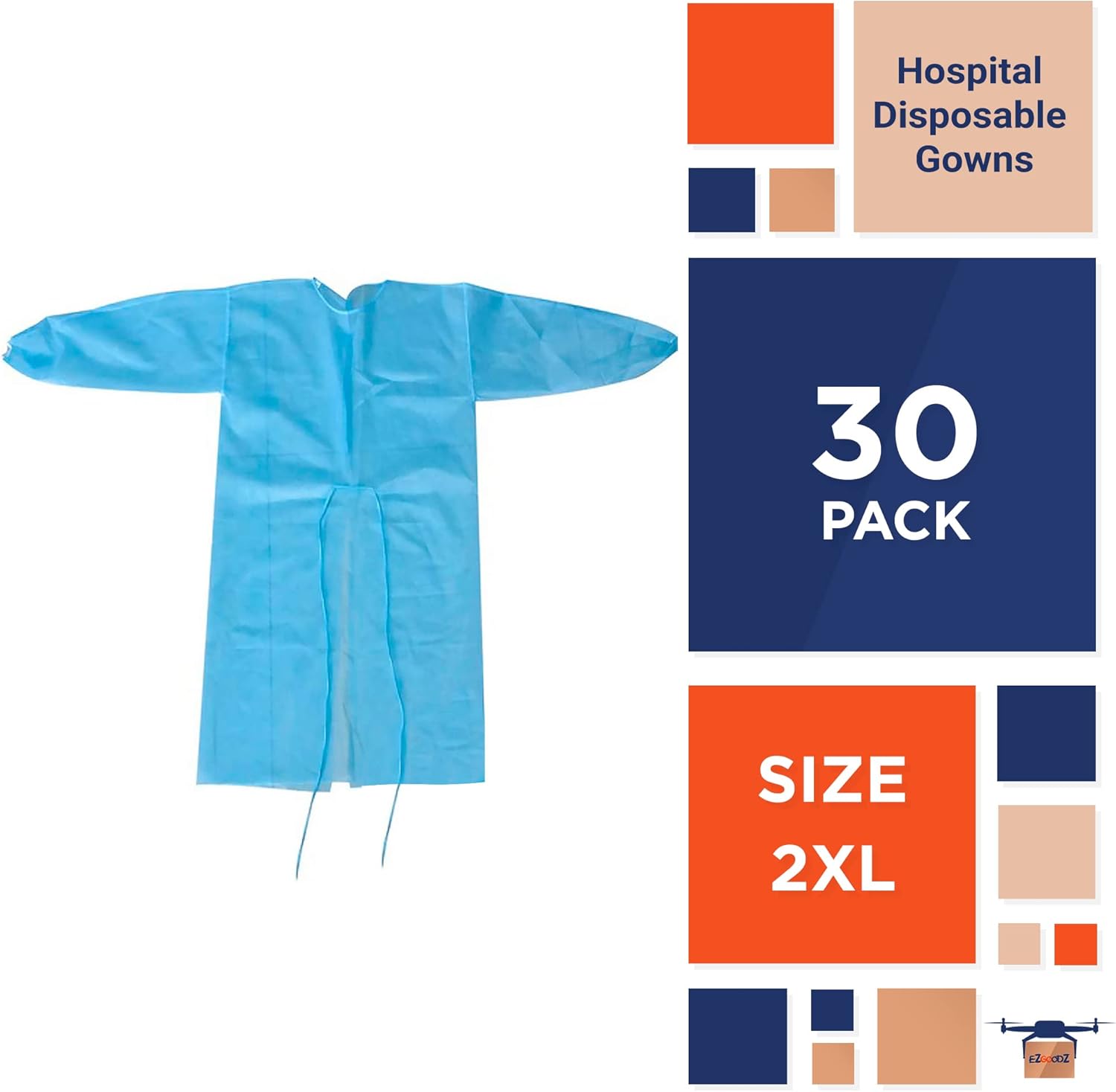 EZGOODZ Blue Disposable Isolation Gown 45 inches Long. Pack of 30 PPE Gowns Disposable. 2X-Large Personal Protective Gown Disposable. Unisex Plastic Medical Gowns Fluid Resistant