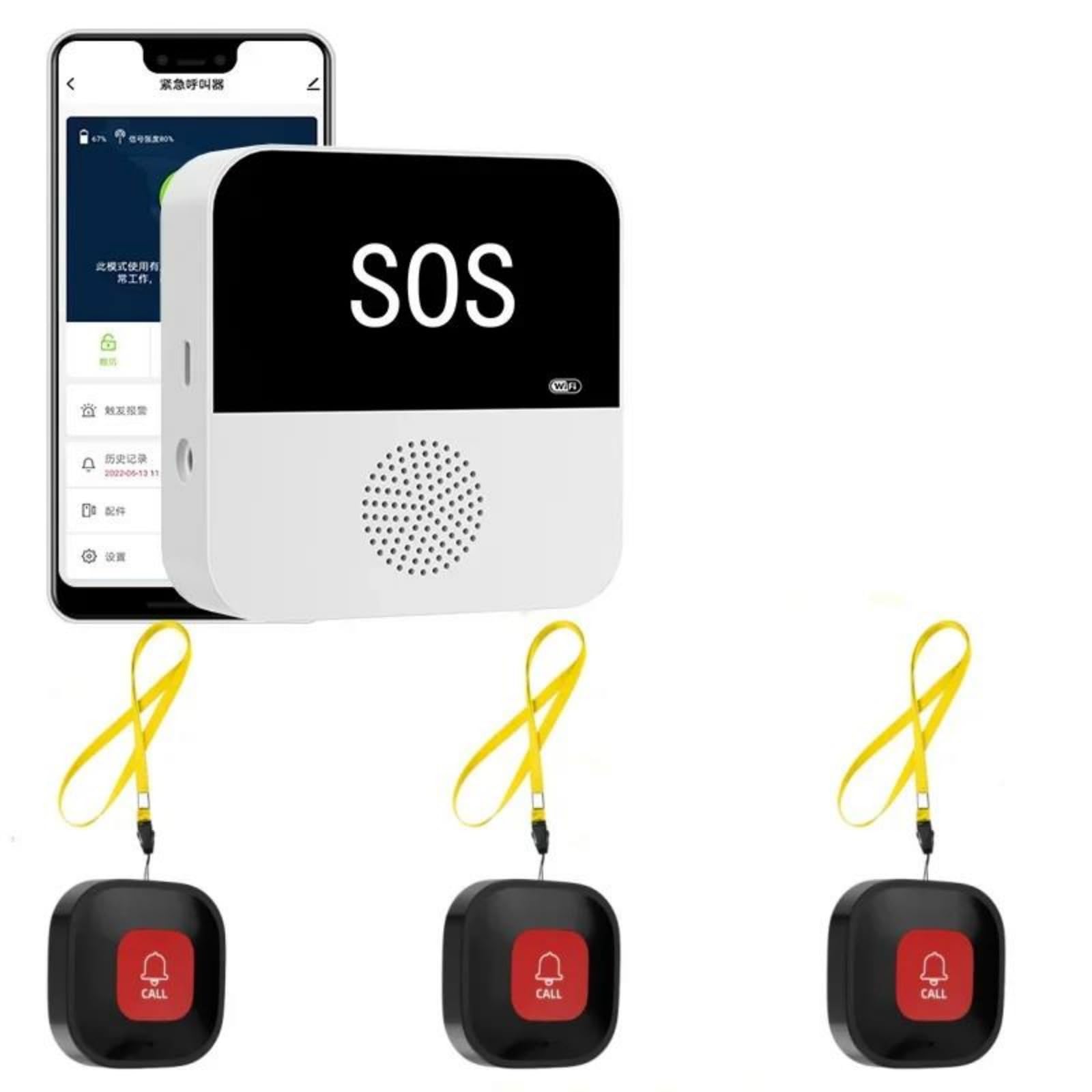 Pulsante antipanico WiFi Cercapersone per Anziani Chiamata Intelligente Monitoraggio in Tempo Reale Pulsante di avviso di Emergenza SOS con Sistema di Allarme Domestico,3sos