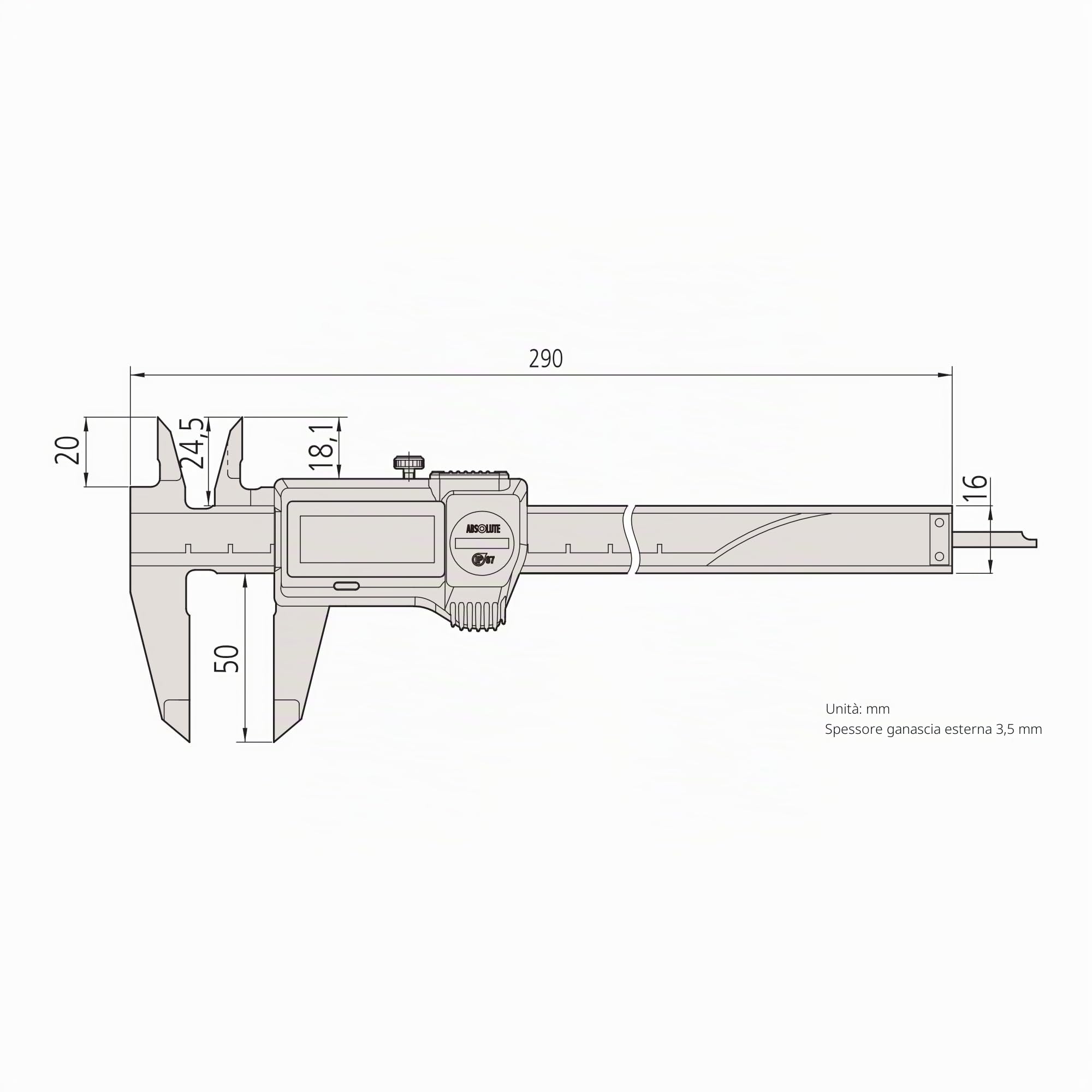 Mitutoyo 500-707-20 Calibro digitale ABS Coolant Proof CD-P20P, 0-200 mm | 0,01 mm, origine memorizzata, IP67